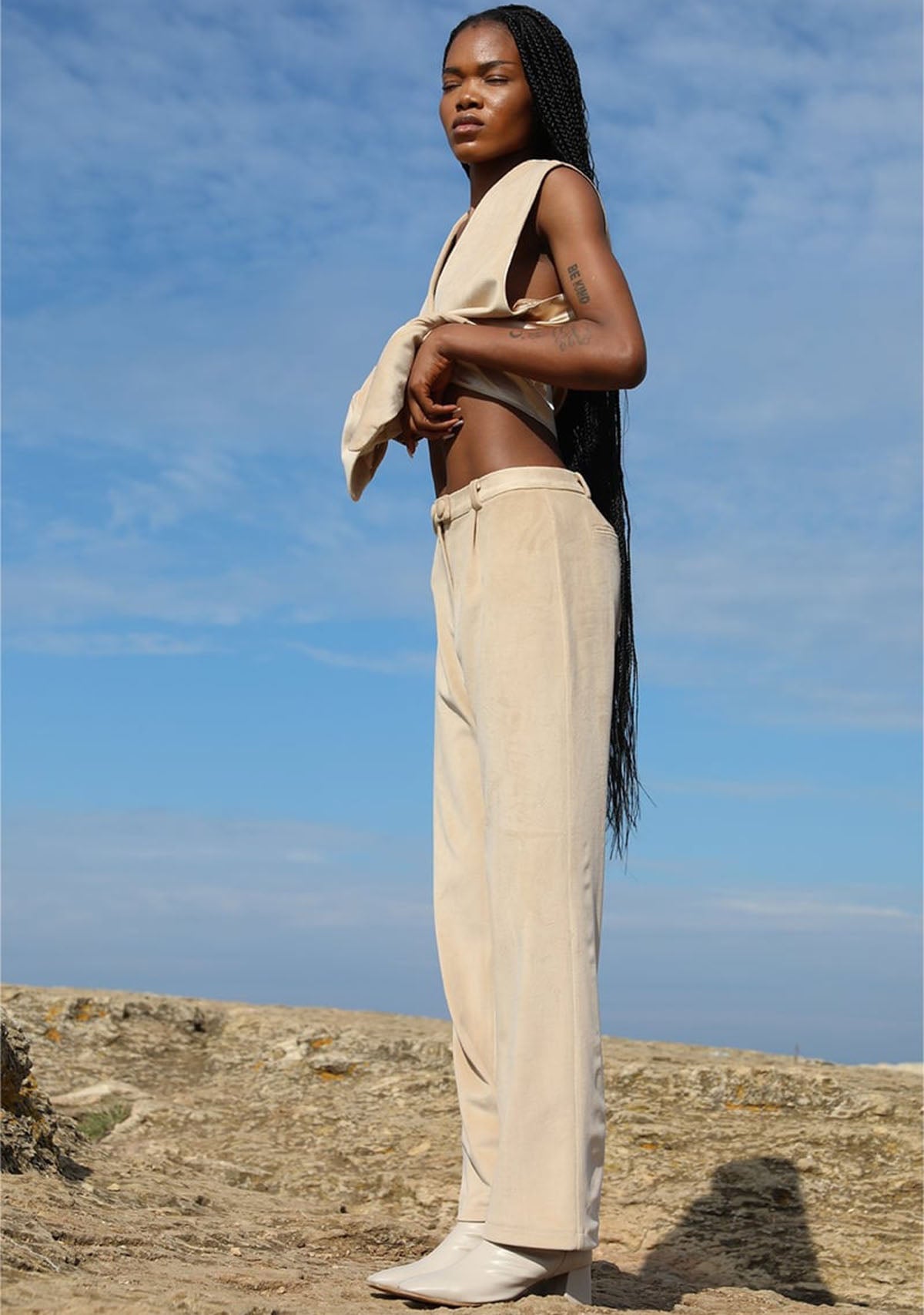 Tiny-Krem Kadife Düz Kesim Pantolon-Kumaş Pantolon-2-Milagron.com