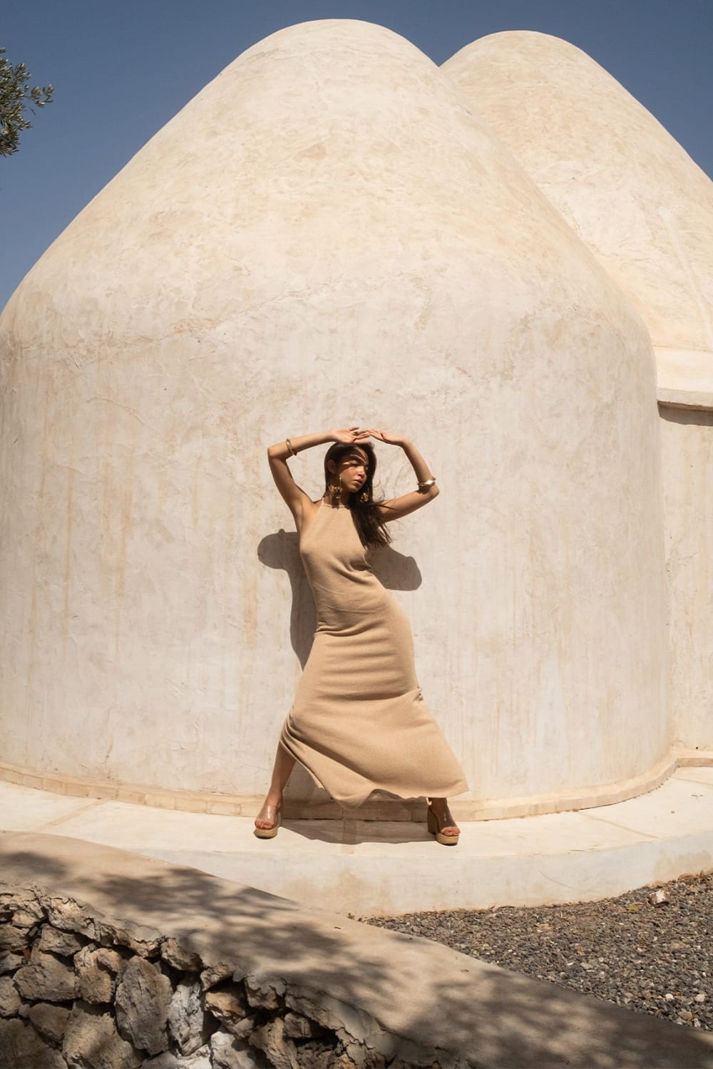 Tiny-Si Boyundan Bağlamalı Bej Triko Elbise-Elbise-6-Milagron.com