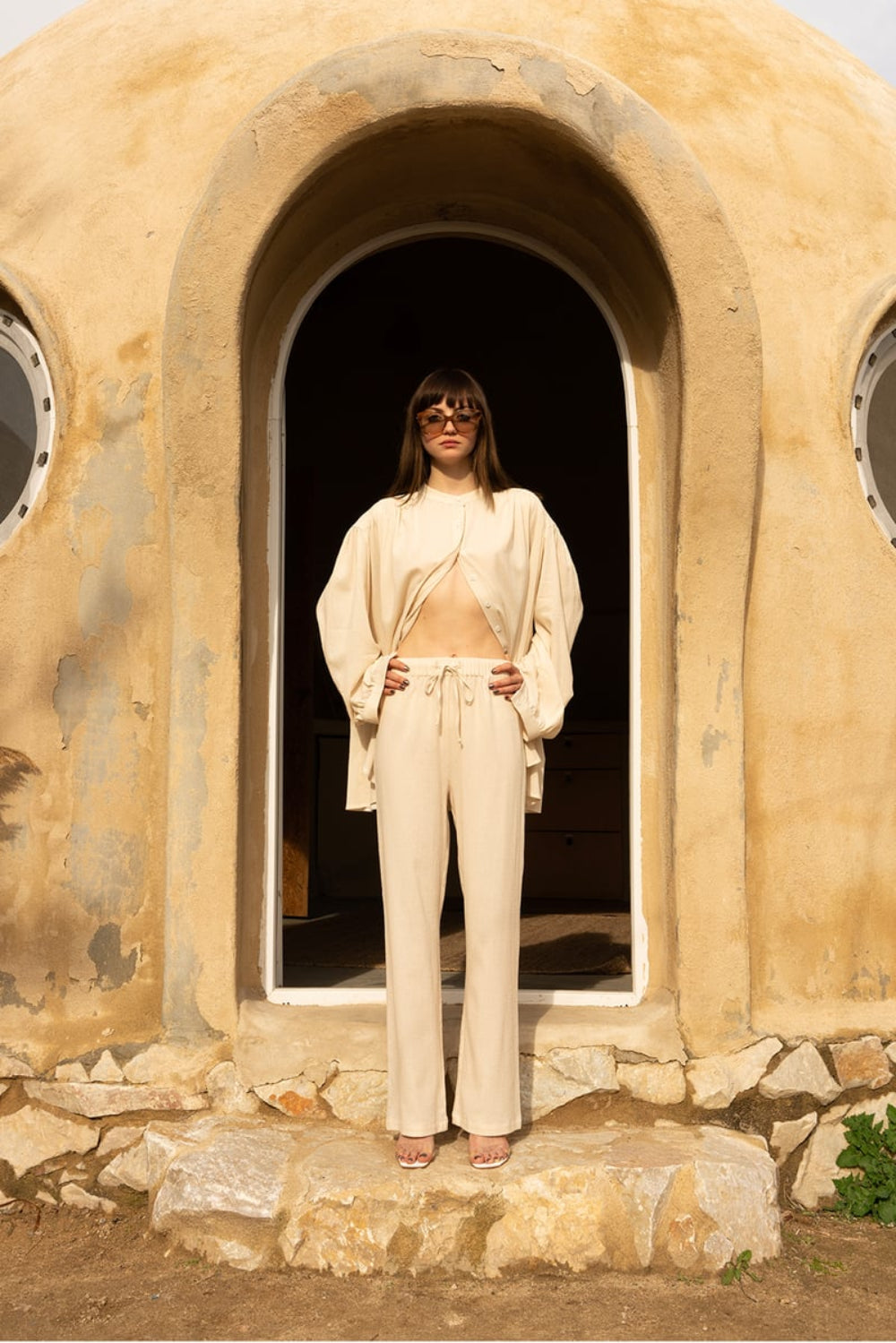 Tiny-Si Keten Düz Kesim Krem Pantolon-Pantolon-1-Milagron.com