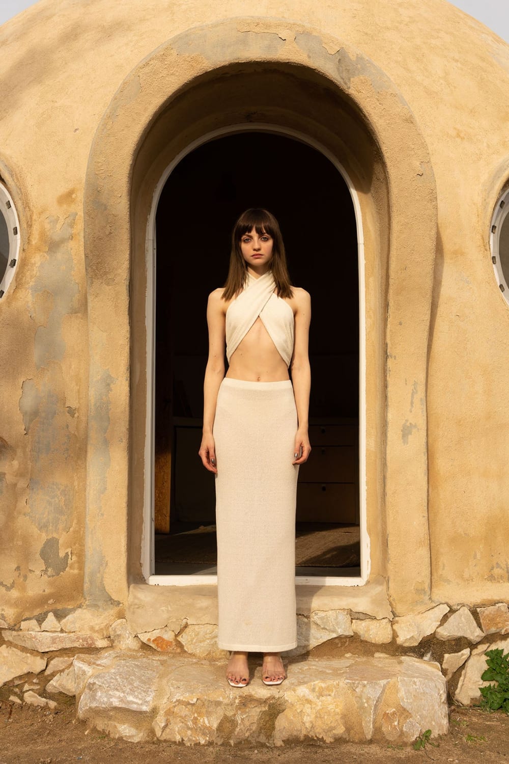 Tiny-Si Önü Çapraz Boyundan Bağlamalı Krem Triko Elbise-Elbise-1-Milagron.com