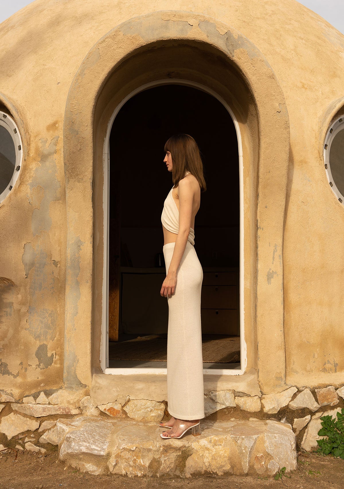 Tiny-Si Önü Çapraz Boyundan Bağlamalı Krem Triko Elbise-Elbise-5-Milagron.com