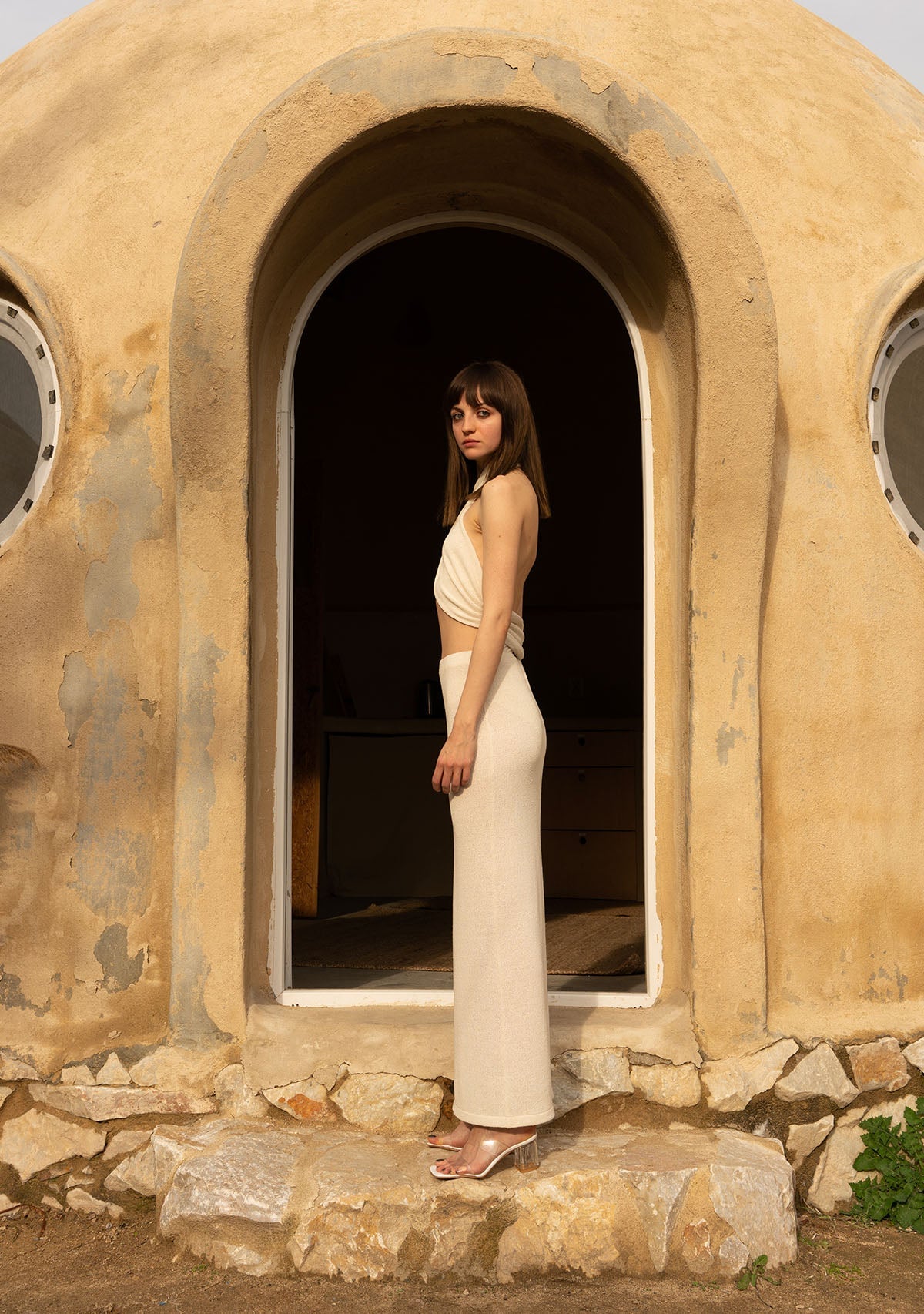 Tiny-Si Önü Çapraz Boyundan Bağlamalı Krem Triko Elbise-Elbise-6-Milagron.com