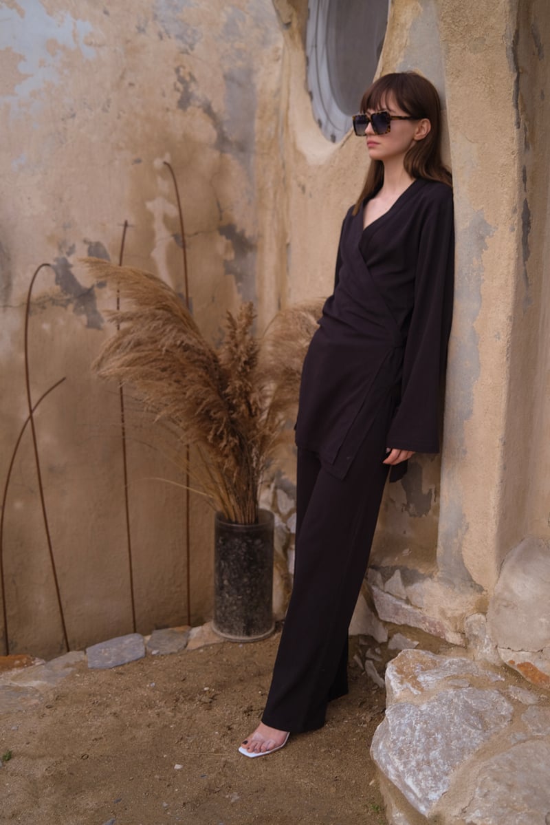 Tiny-Si Siyah Düz Kesim Keten Pantolon-Pantolon-3-Milagron.com