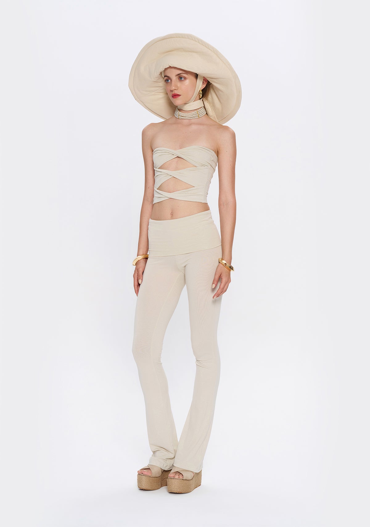 Tiny-Yüksek Bel İspanyol Paça Krem Tayt-Tayt-3-Milagron.com