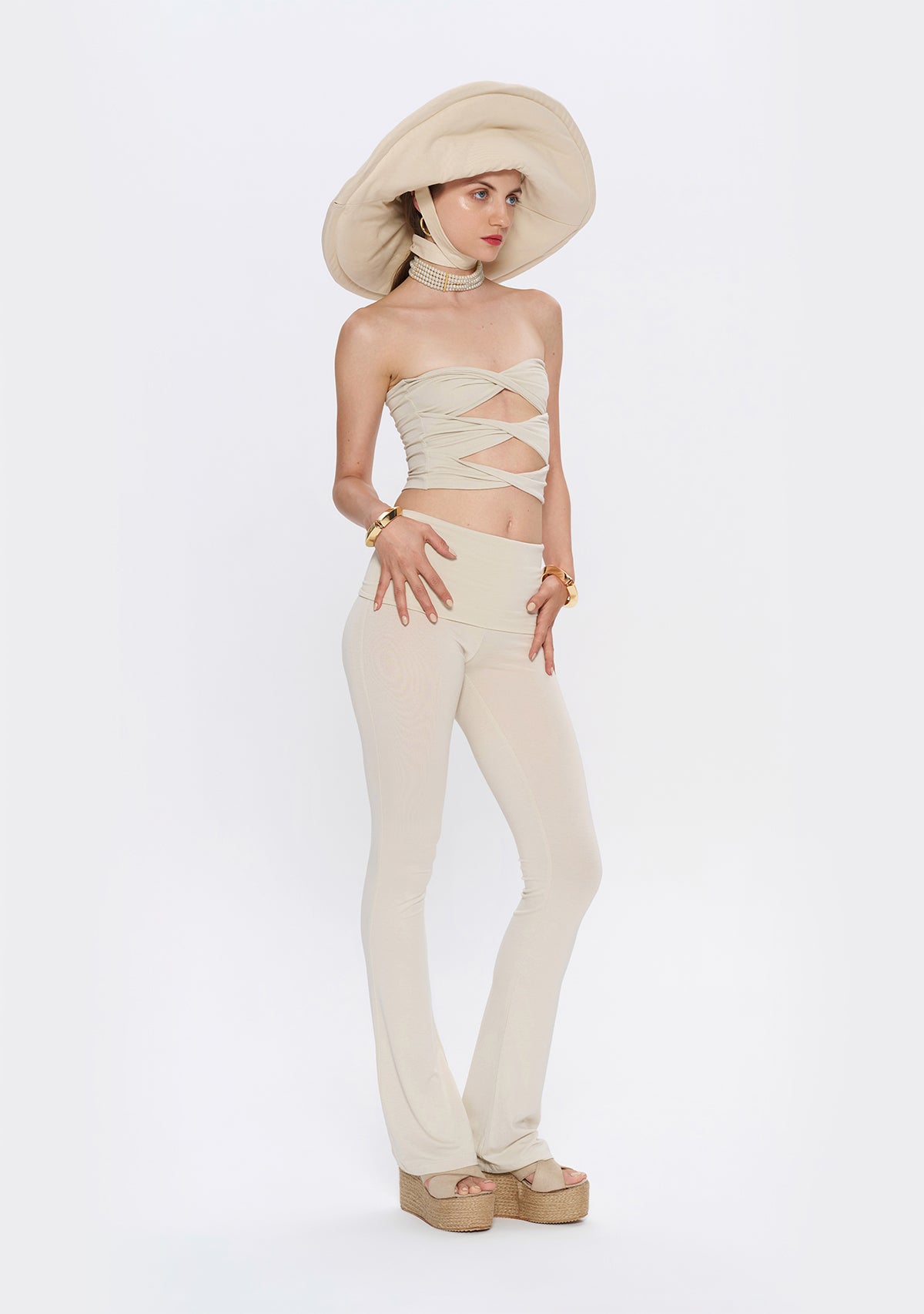 Tiny-Yüksek Bel İspanyol Paça Krem Tayt-Tayt-9-Milagron.com