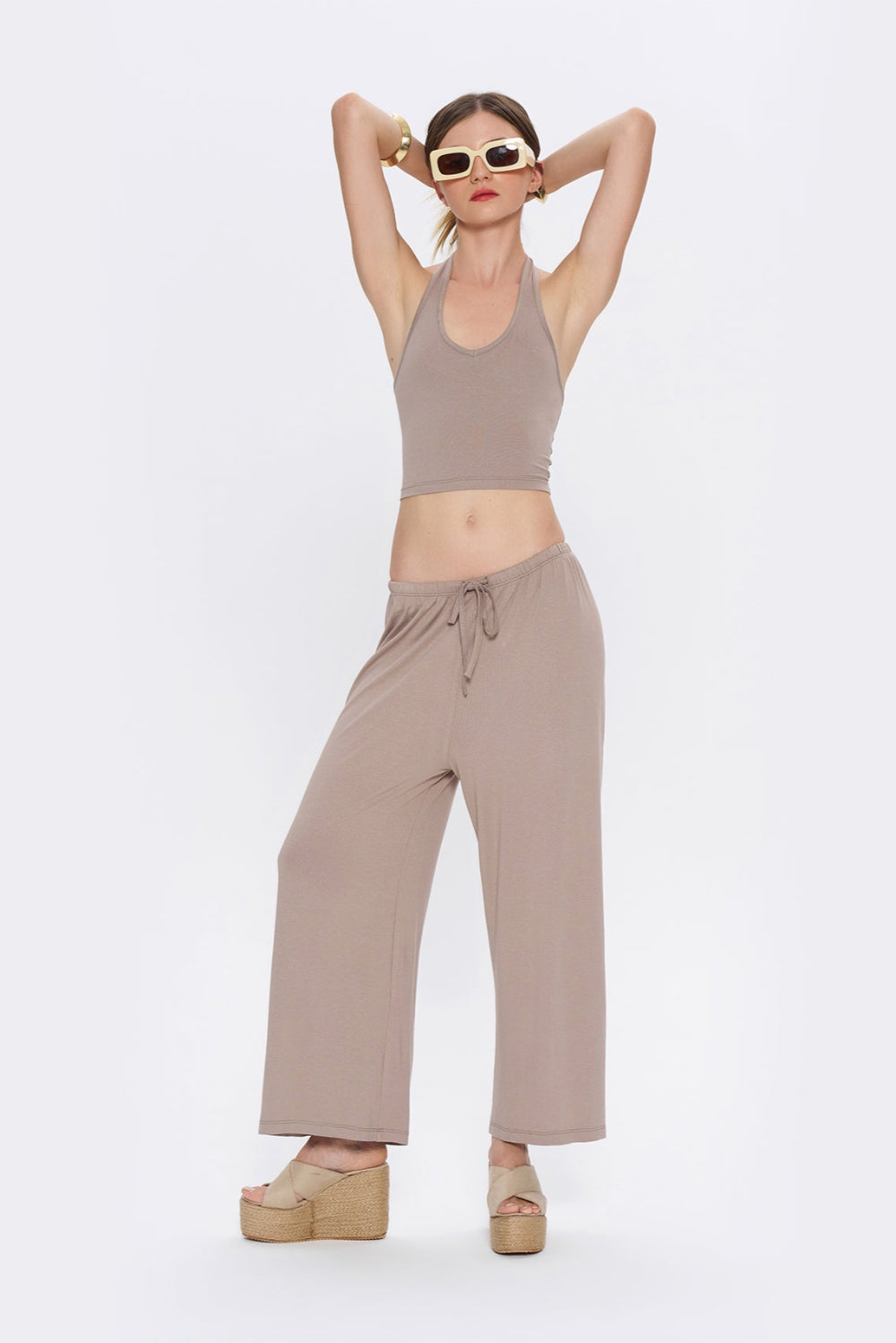 Tiny-Yumuşak Dökümlü Açık Kahverengi Beli Lastikli Pantolon-Pantolon-1-Milagron.com