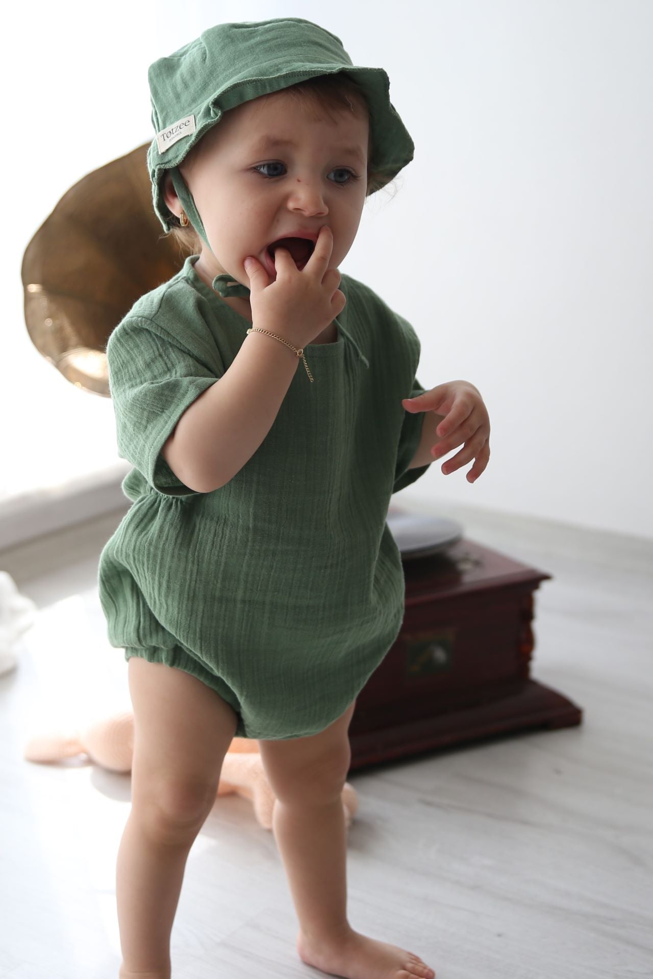 Totzee-Müslin Belden Büzgülü Tulum Çimen Yeşili-Çocuk Elbise & Tulum-2-Milagron.com
