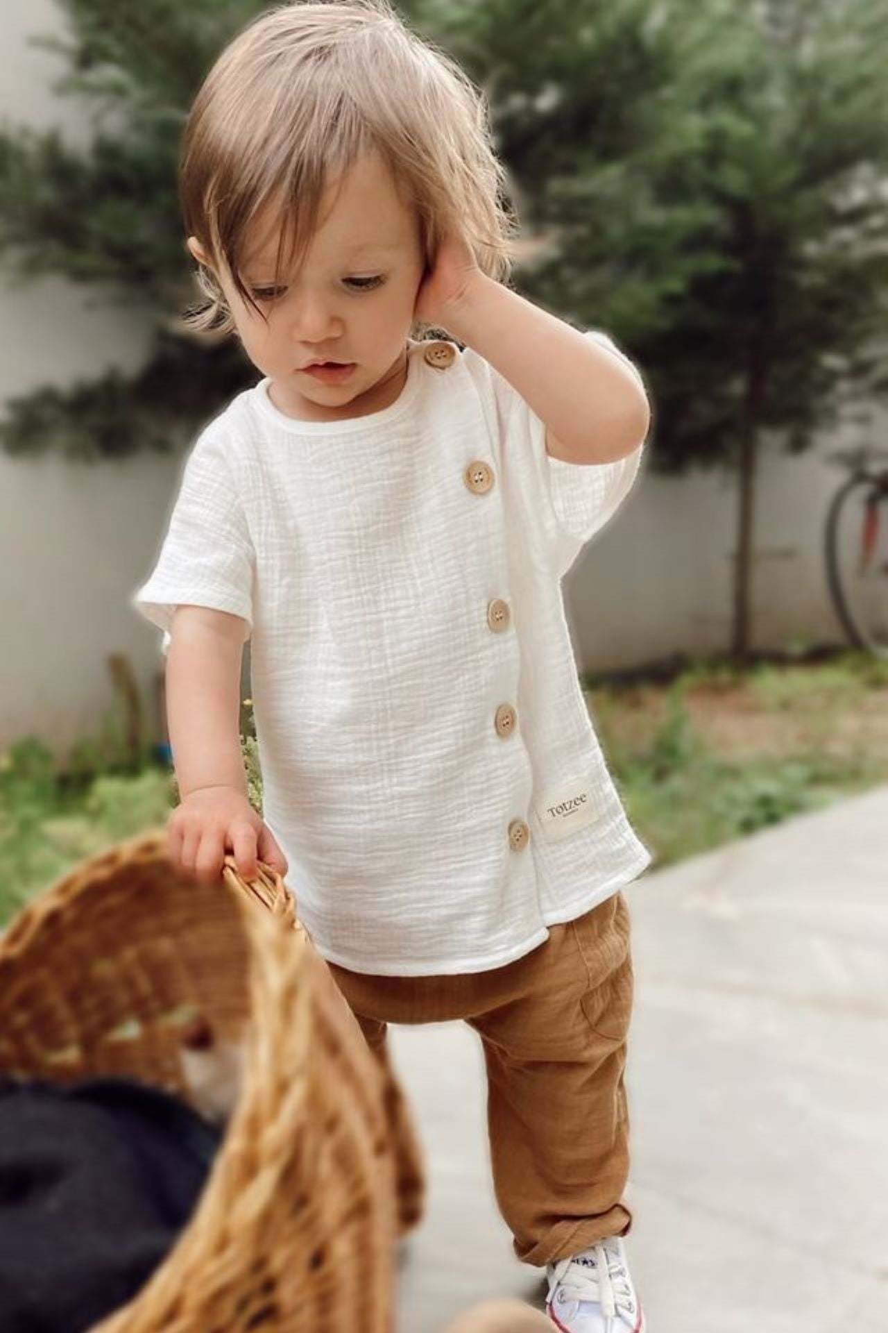 Totzee-Müslin Yandan Düğmeli Üst Ekru-T-Shirts-2-Milagron.com