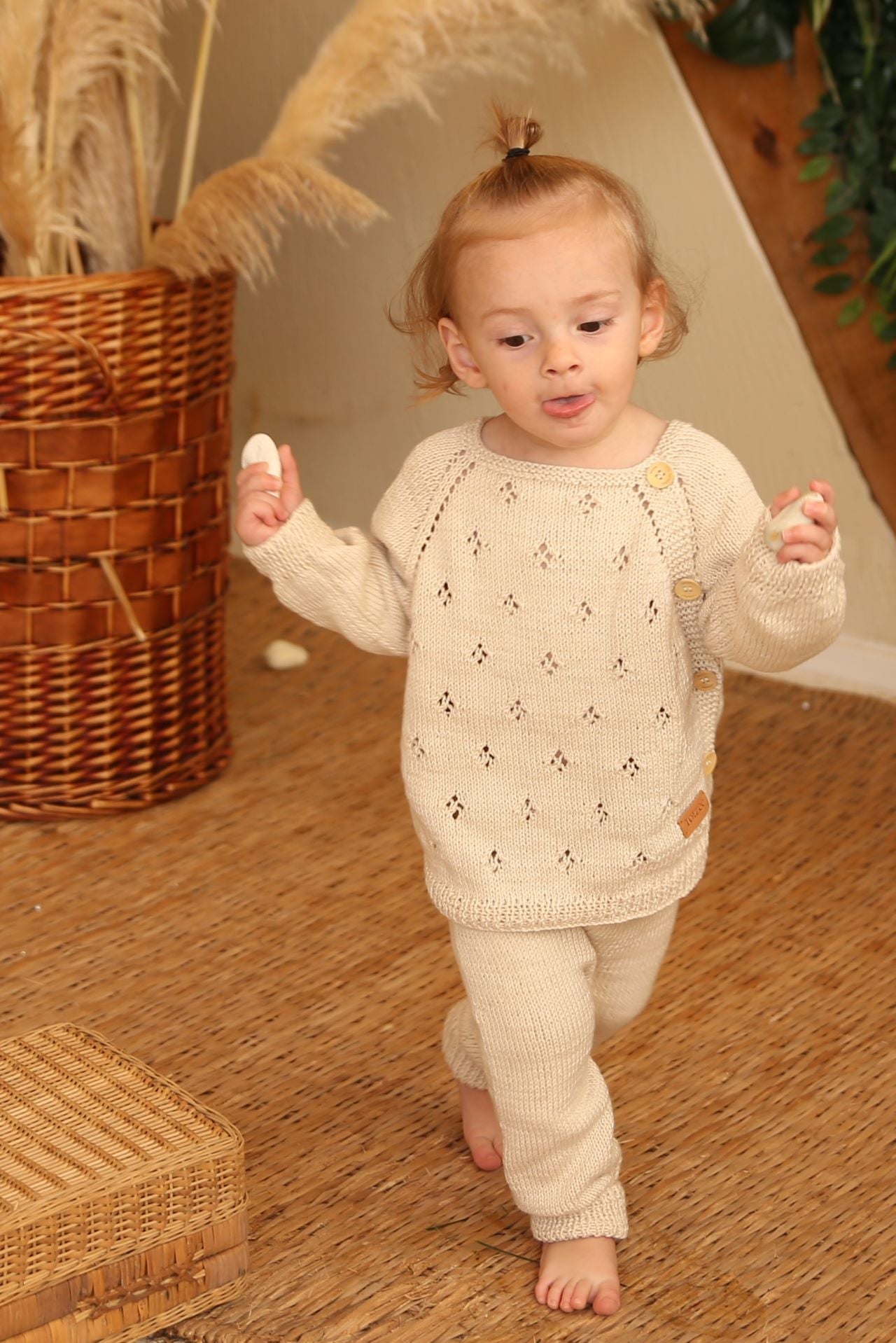 Totzee-Organik El Örgüsü Bağcıklı Pantolon Antik Bej-Pantolon-2-Milagron.com