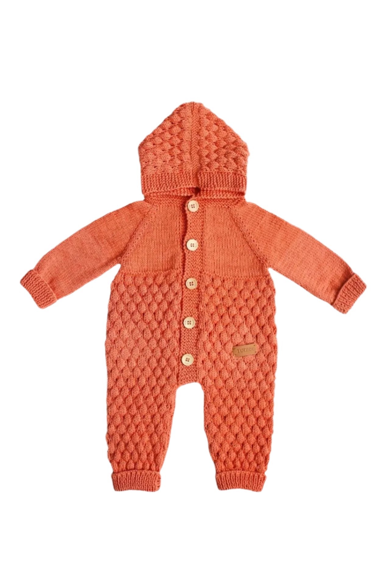 Totzee-Organik El Örgüsü Kapüşonlu Önden Düğmeli Tulum Şeftali Rengi-Çocuk Elbise & Tulum-1-Milagron.com