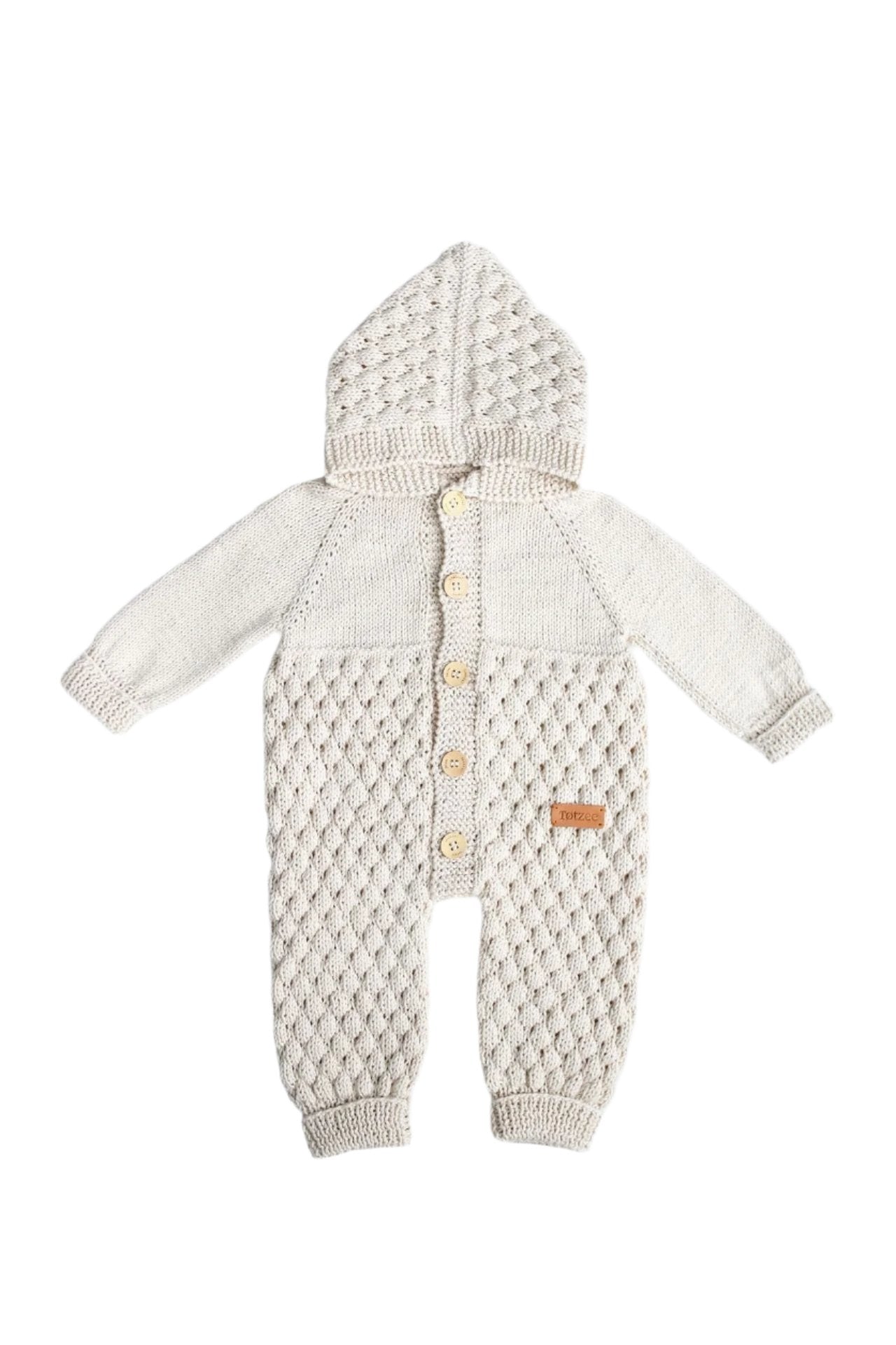 Totzee-Organik El örgüsü Kapüşonlu Önden Düğmeli Tulum Antik Bej-Çocuk Elbise & Tulum-1-Milagron.com