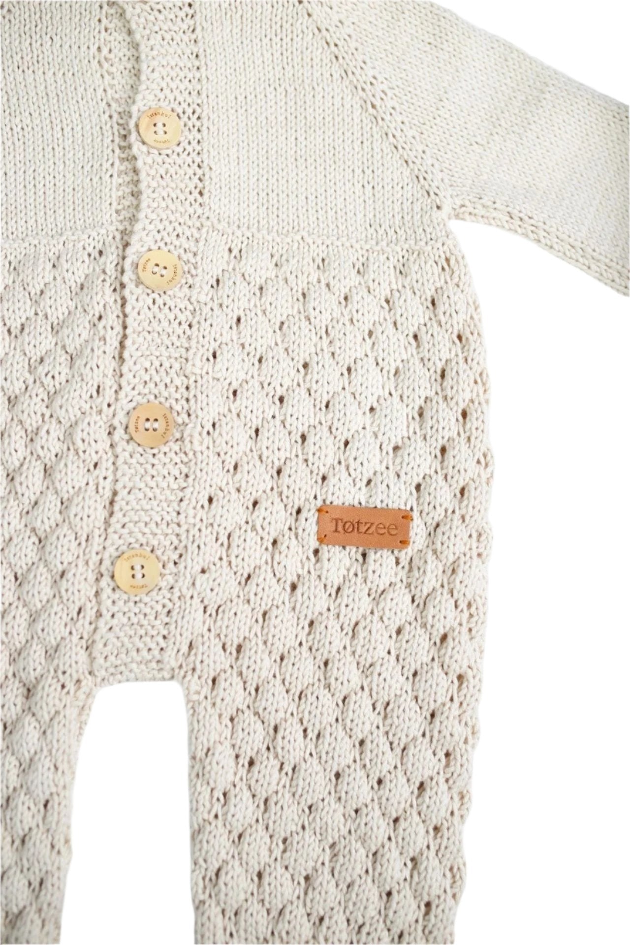 Totzee-Organik El örgüsü Kapüşonlu Önden Düğmeli Tulum Antik Bej-Çocuk Elbise & Tulum-2-Milagron.com