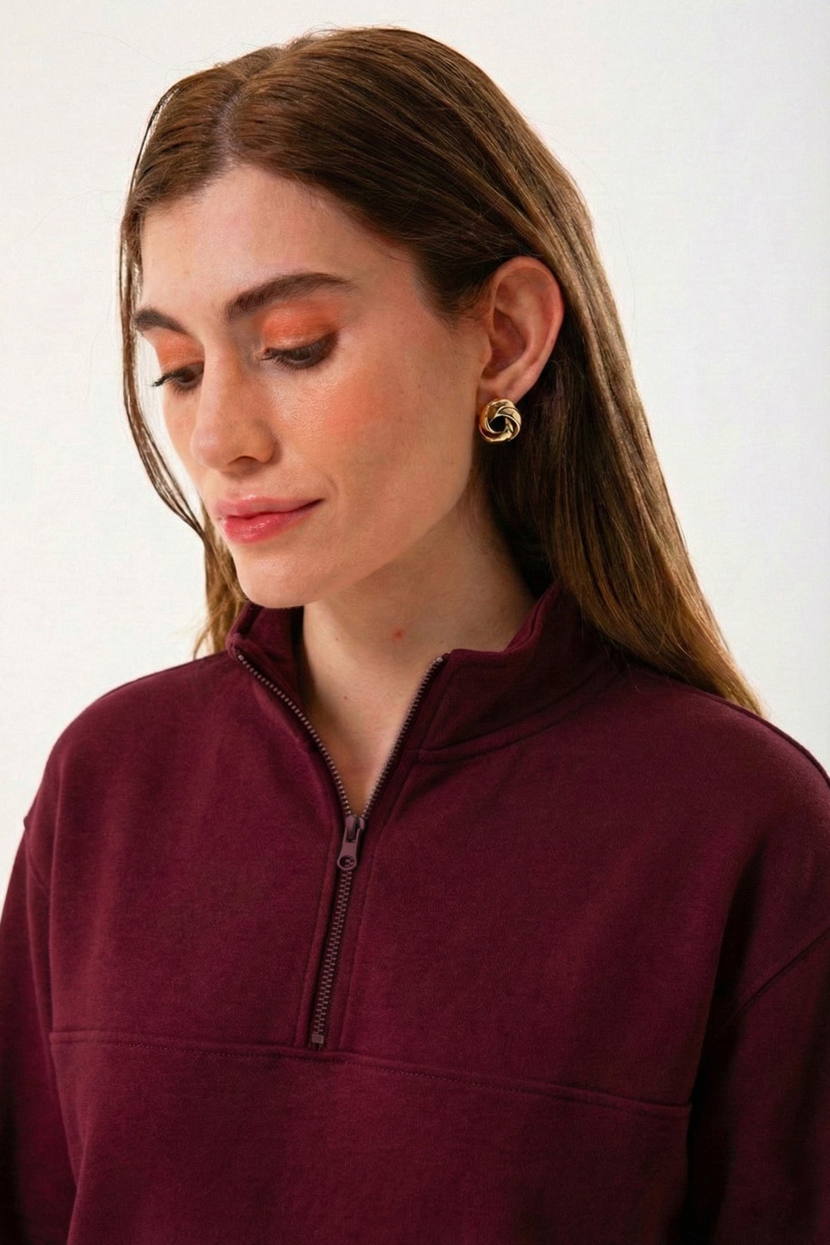Yarım Fermuarlı Organik Pamuklu Bordo Kadın Sweatshirt