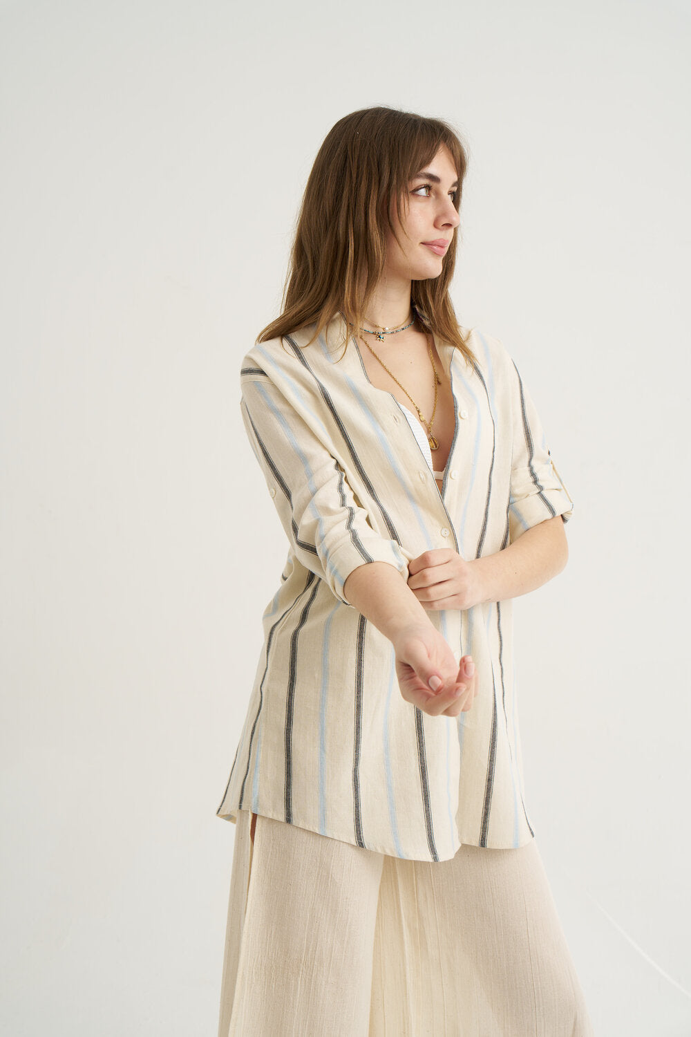 Unexpectedone-Shades Gömlek & Soul Mate Yan Yırtmaçlı Pantolon Takım- Gri/mavi Çizgili-Alt - Üst Takım-1-Milagron.com