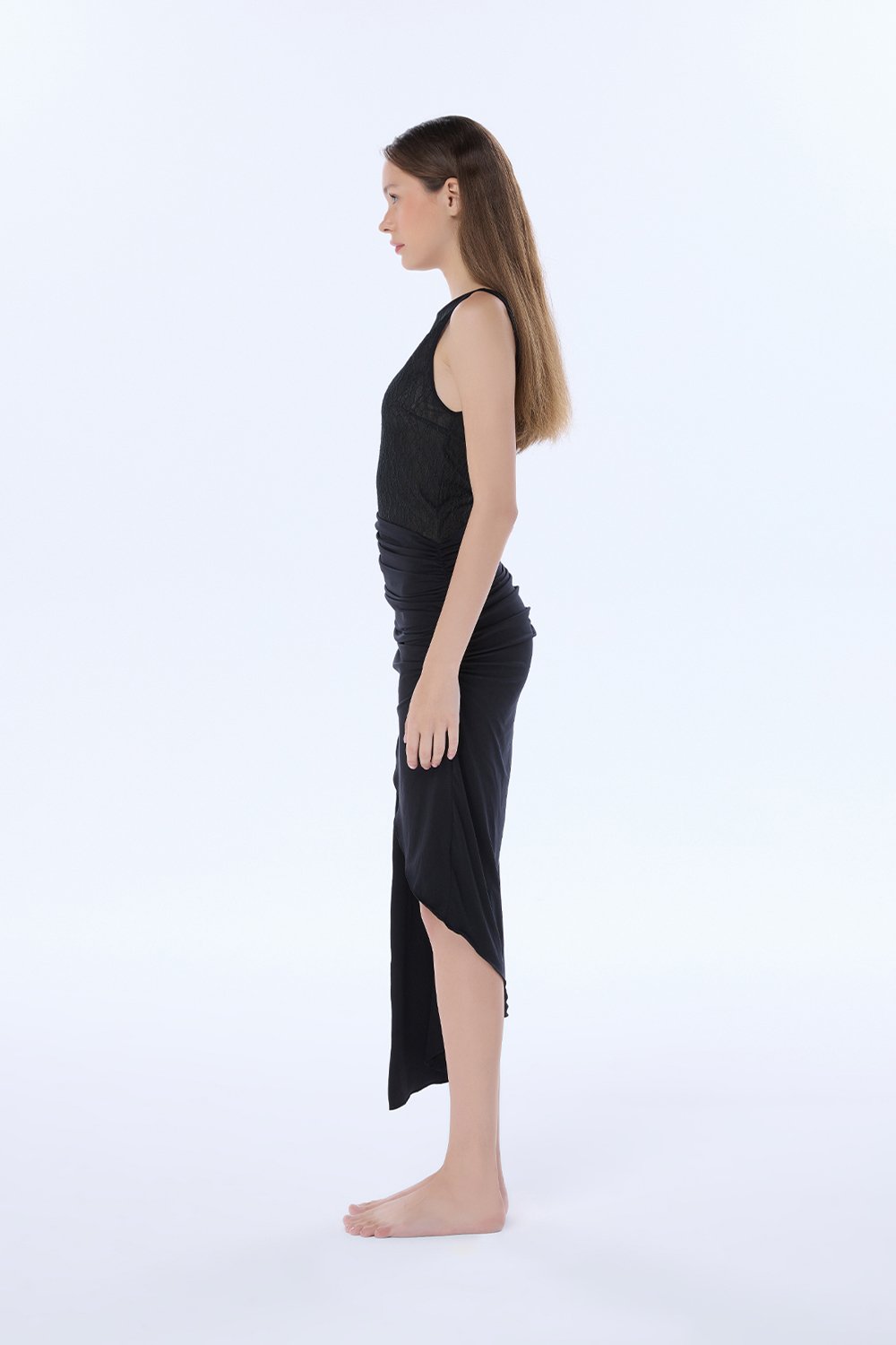 Valnue Lingerie-Ally Siyah Asimetrik Dantel Elbise-Gecelik-4-Milagron.com