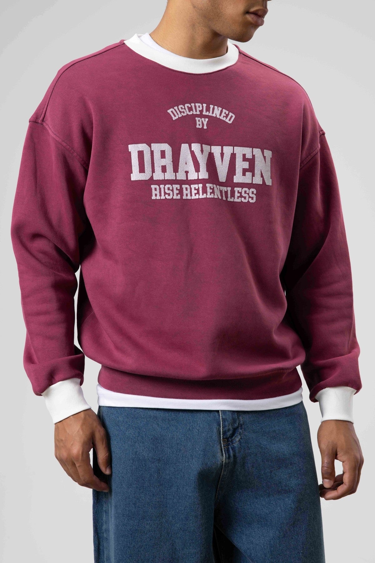 Oversize Bisiklet Yaka Baskılı Sweatshirt Bordo