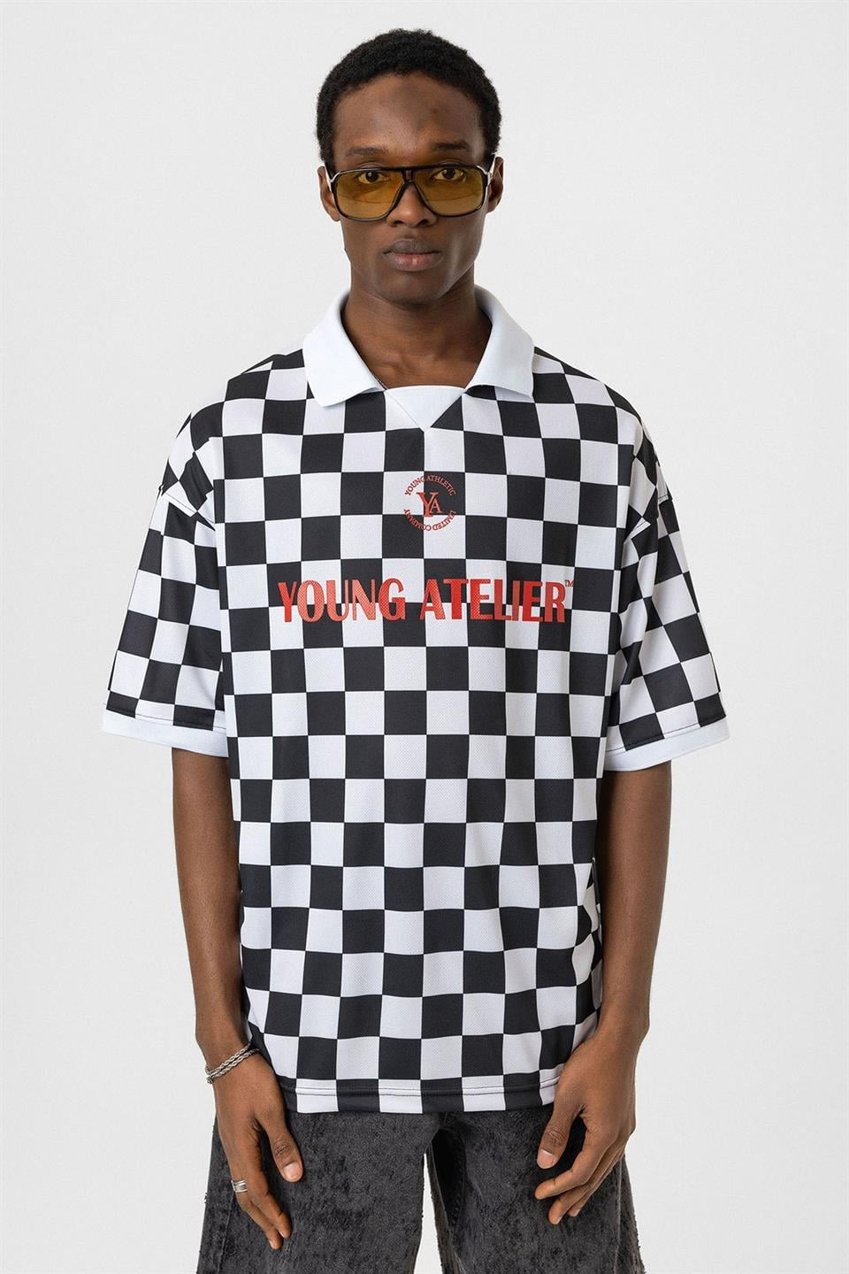 Oversize Polo Yaka Forma Tişört - Siyah ve Beyaz - 2