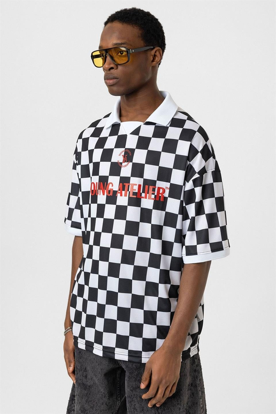 Oversize Polo Yaka Forma Tişört - Siyah ve Beyaz - 4