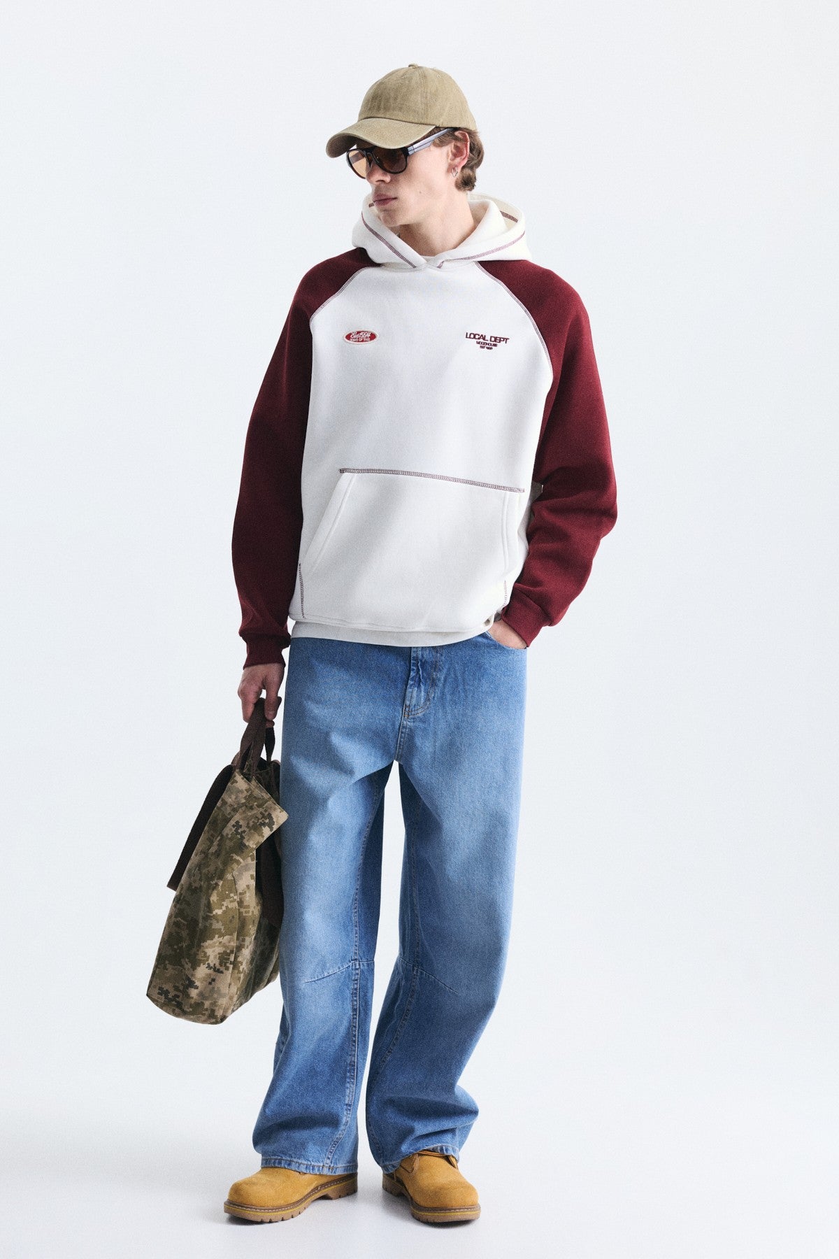 Renk Bloklu Kanguru Cepli Kapüşonlu Sweatshirt