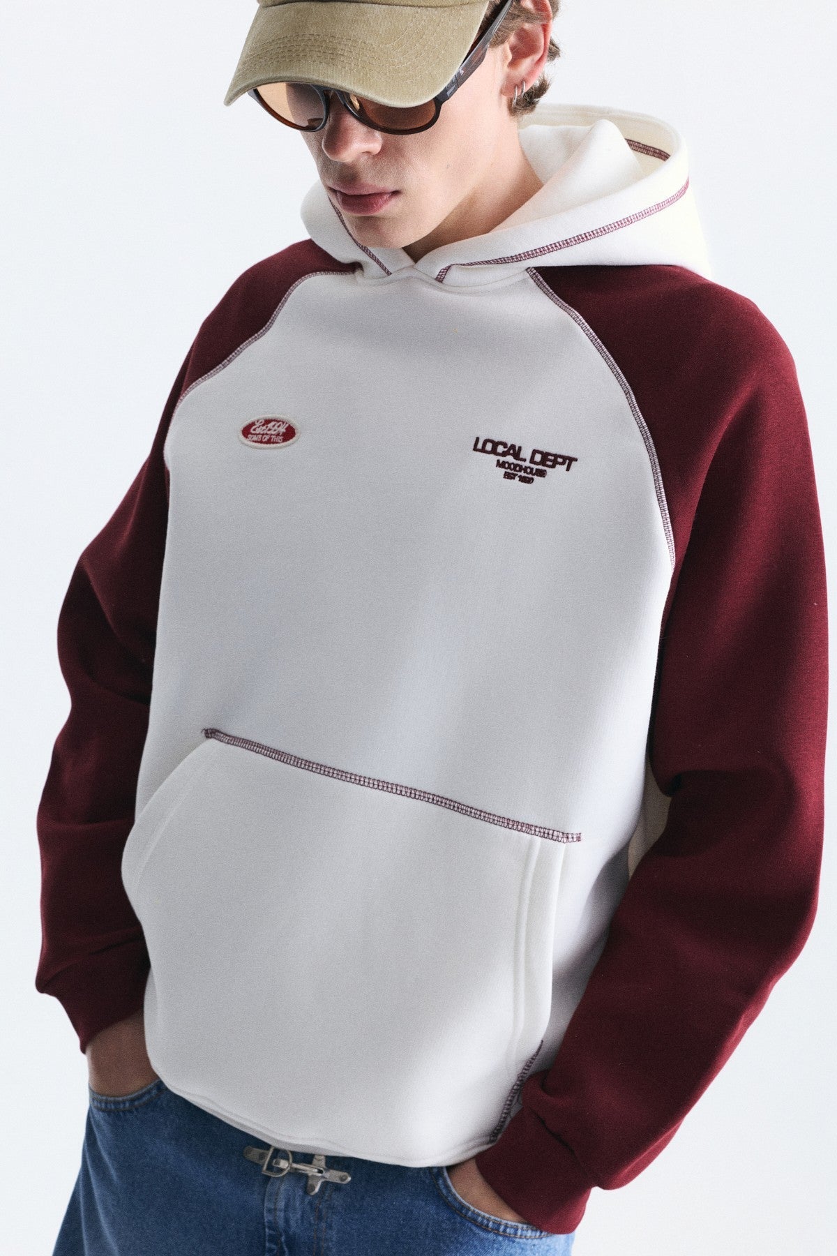 Renk Bloklu Kanguru Cepli Kapüşonlu Sweatshirt