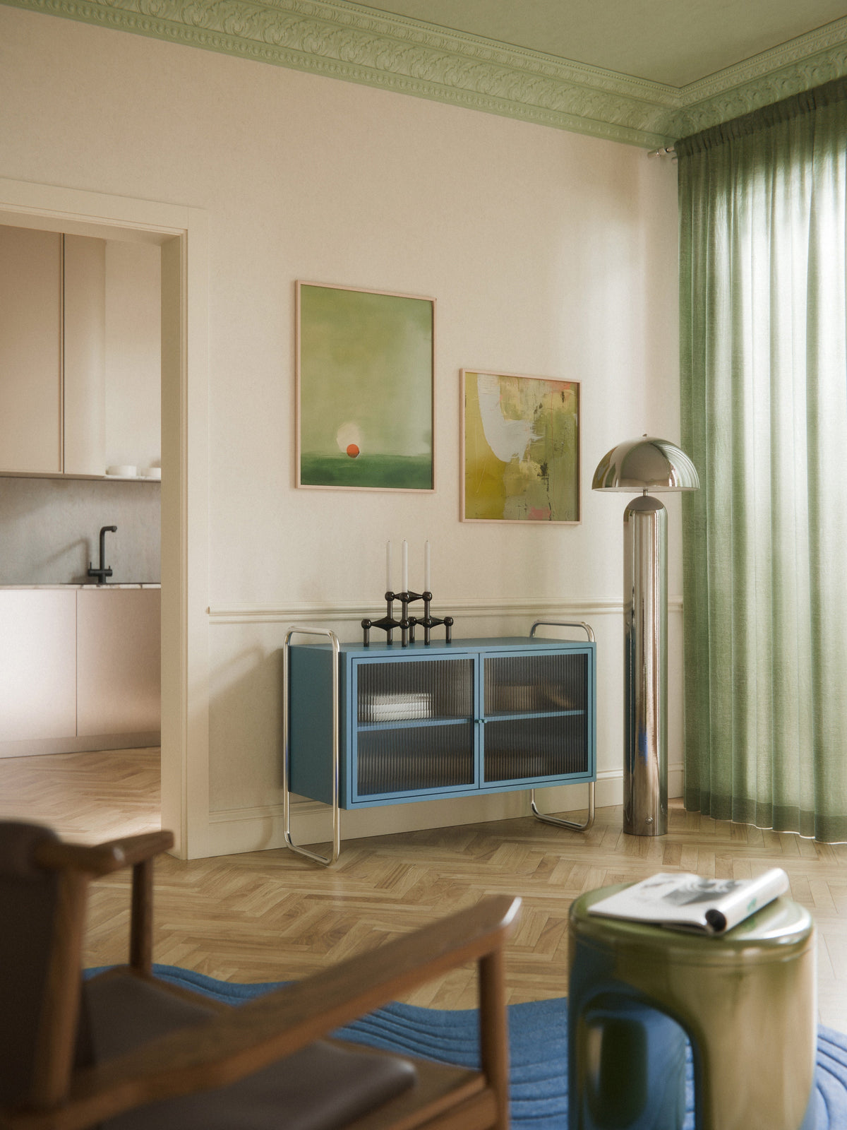 Velotti Metal Camlı Şifonyer Mavi