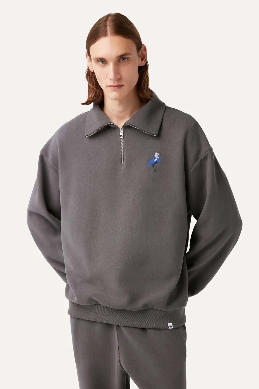 WWF Market-Küçük Mavi Balıkçıl Q-Zip Sweatshirt - Koyu Gri-Sweatshirts & Hoodies-1-Milagron.com