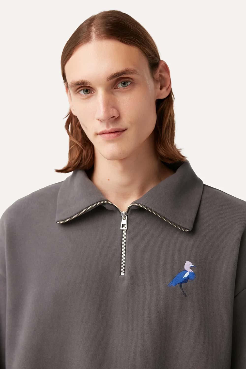 WWF Market-Küçük Mavi Balıkçıl Q-Zip Sweatshirt - Koyu Gri-Sweatshirts & Hoodies-4-Milagron.com