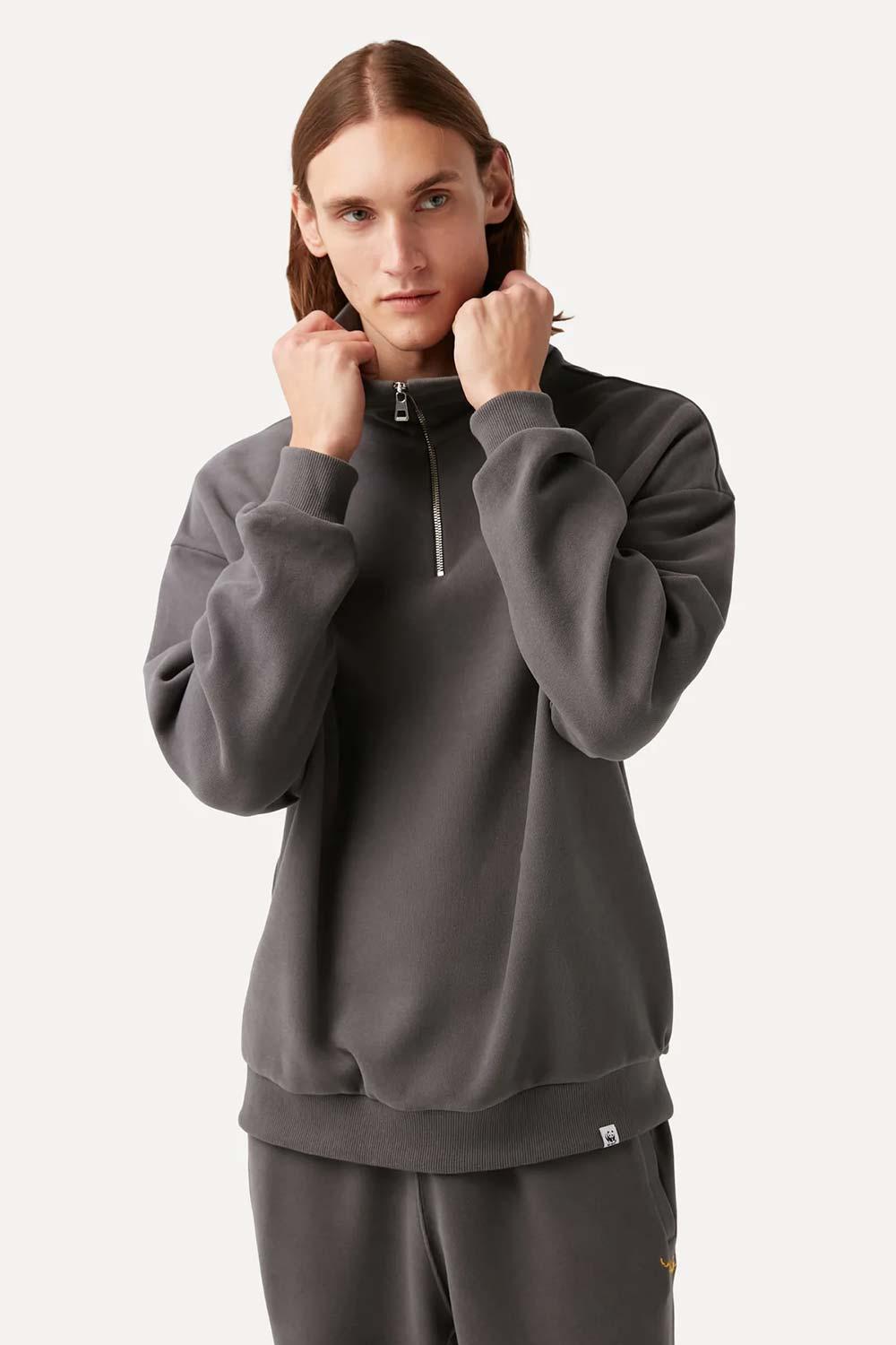 WWF Market-Küçük Mavi Balıkçıl Q-Zip Sweatshirt - Koyu Gri-Sweatshirts & Hoodies-5-Milagron.com