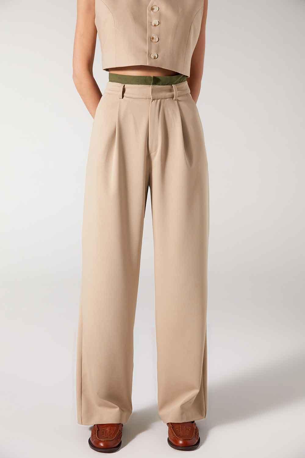Wabi Sabi-Cle Bej Pileli Kemer Detaylı Yüksek Bel Pantolon-Pantolon-2-Milagron.com