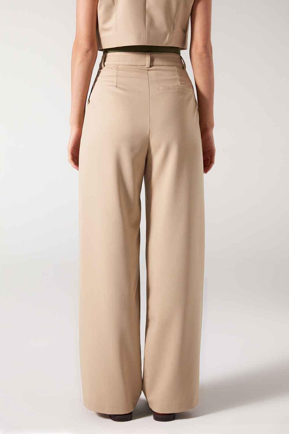 Wabi Sabi-Cle Bej Pileli Kemer Detaylı Yüksek Bel Pantolon-Pantolon-4-Milagron.com