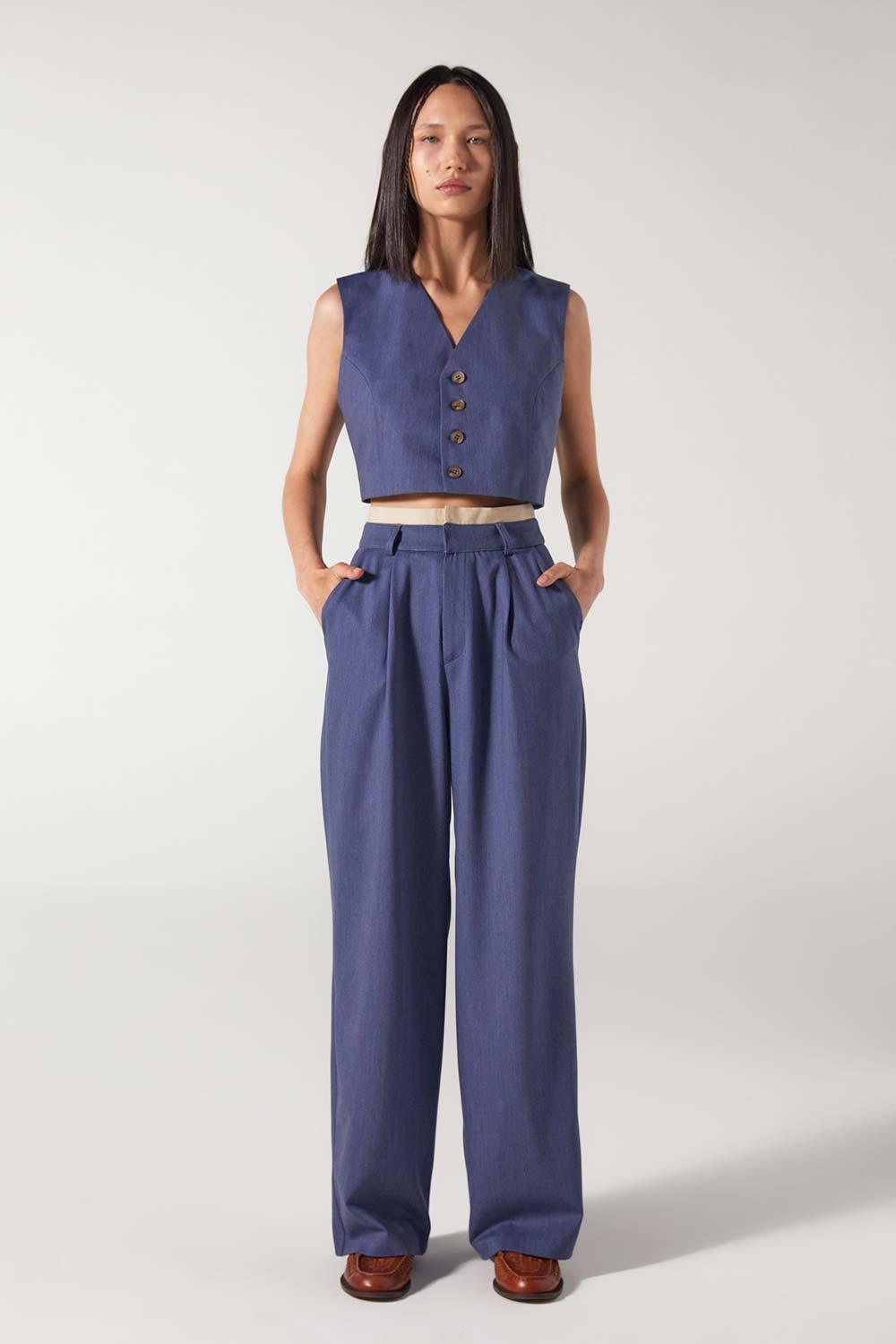 Wabi Sabi-Cle Mavi Pileli Kemer Detaylı Yüksek Bel Pantolon-Pantolon-1-Milagron.com