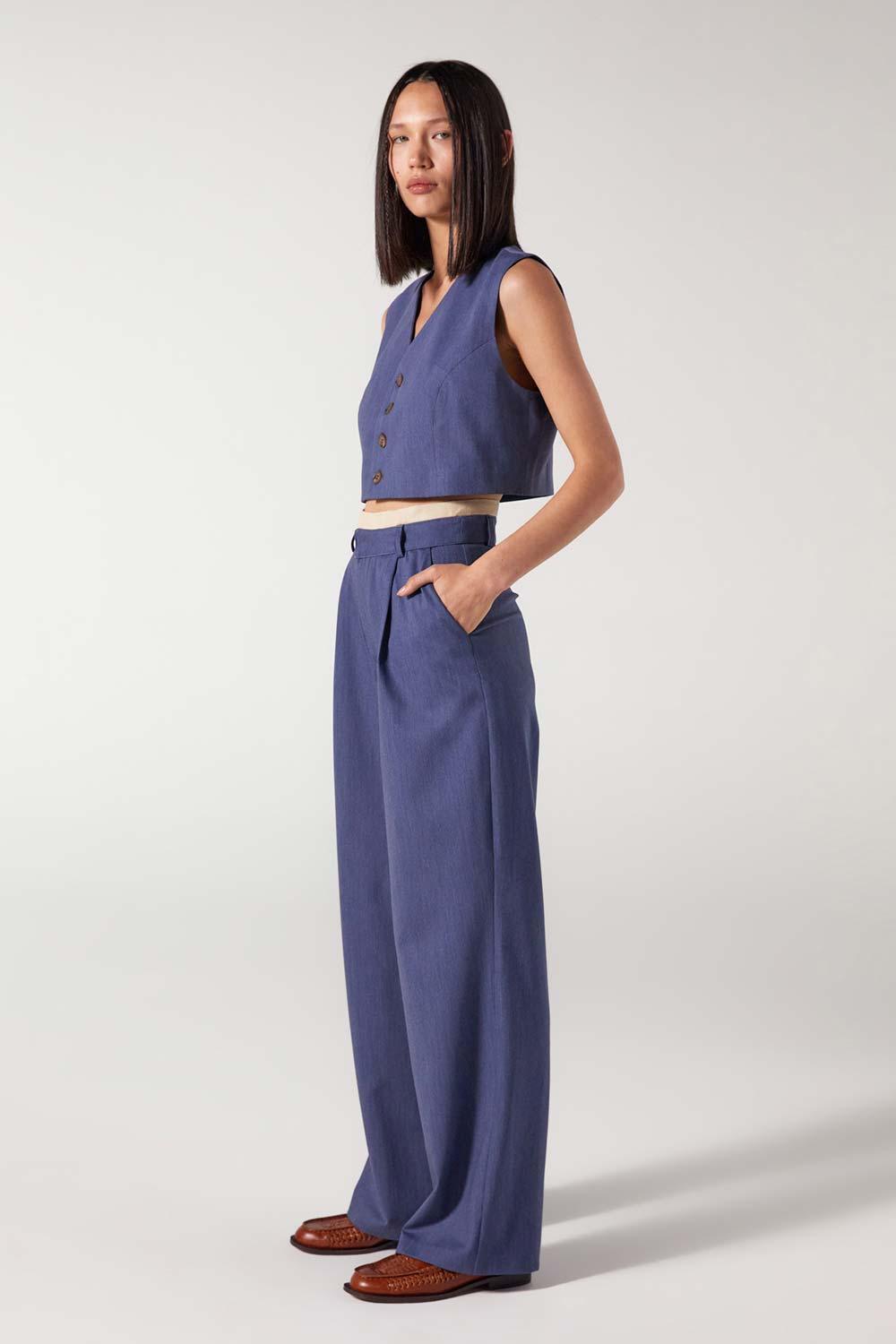 Wabi Sabi-Cle Mavi Pileli Kemer Detaylı Yüksek Bel Pantolon-Pantolon-2-Milagron.com