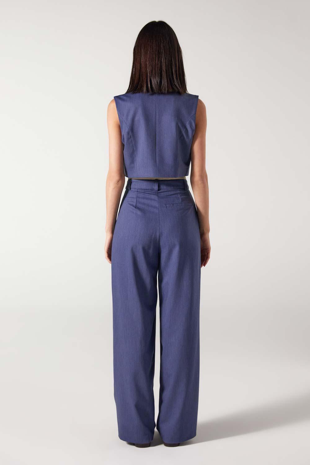 Wabi Sabi-Cle Mavi Pileli Kemer Detaylı Yüksek Bel Pantolon-Pantolon-5-Milagron.com