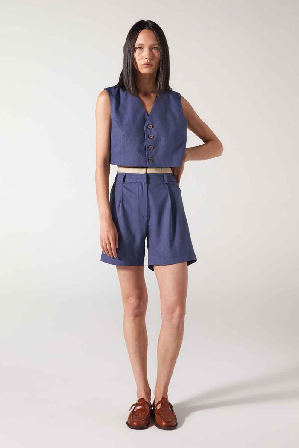 Wabi Sabi-Cle Mavi Pileli Şort-Şort-4-Milagron.com