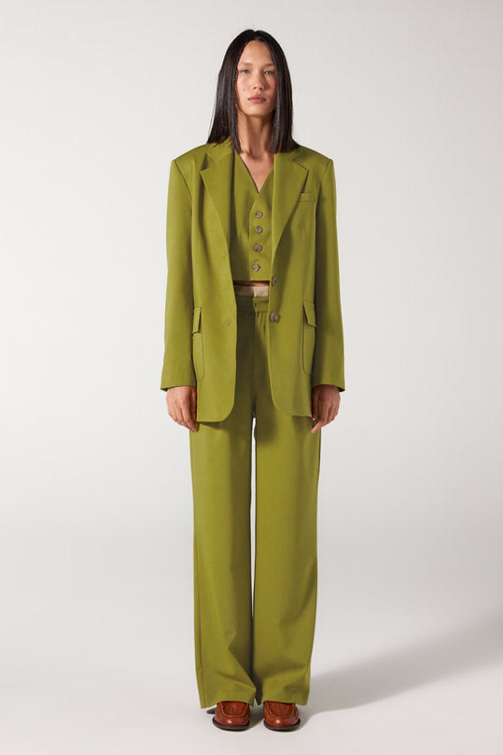 Wabi Sabi-Cle Yeşil Pileli Kemer Detaylı Yüksek Bel Pantolon-Pantolon-1-Milagron.com