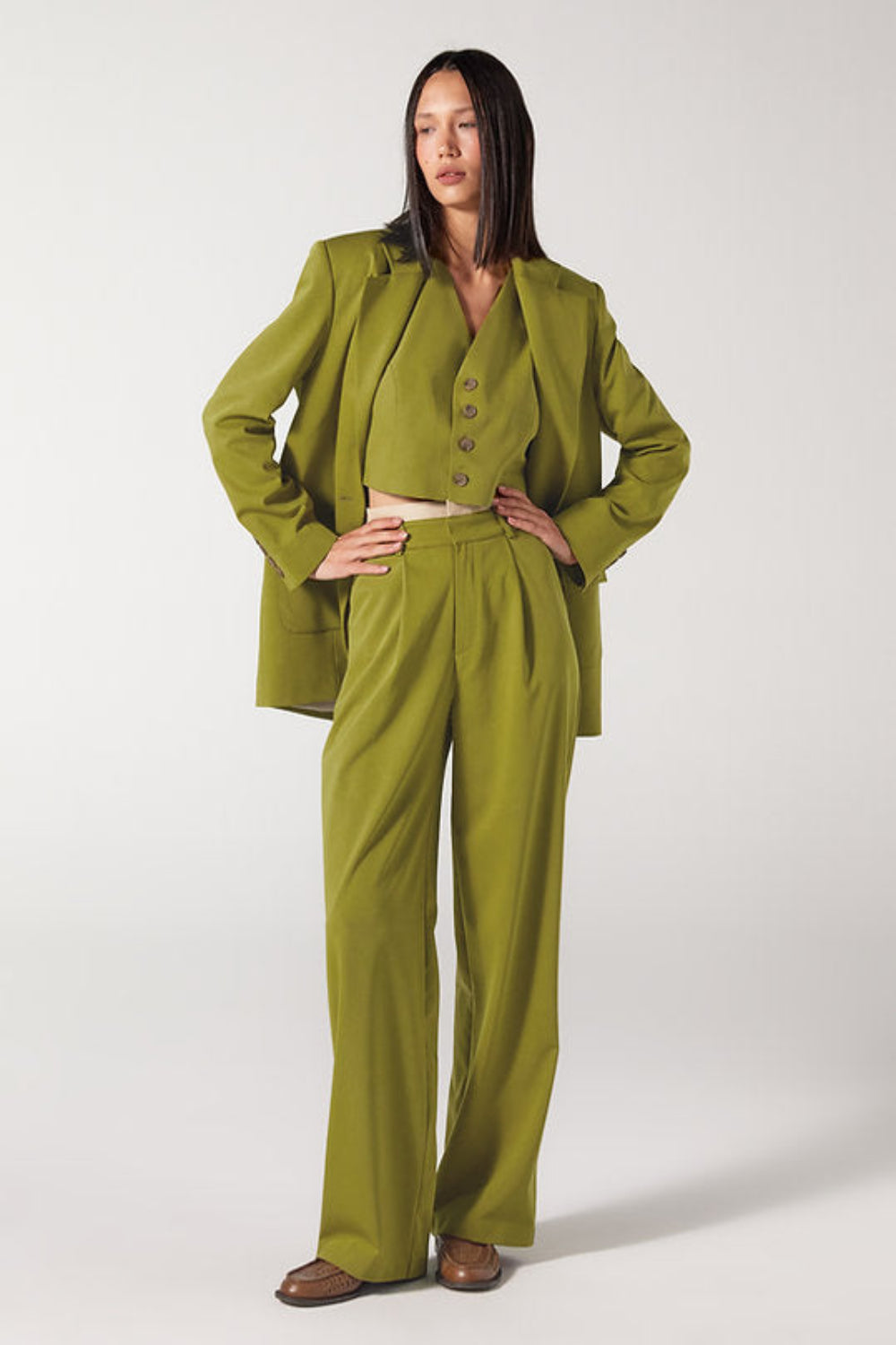Wabi Sabi-Cle Yeşil Pileli Kemer Detaylı Yüksek Bel Pantolon-Pantolon-2-Milagron.com