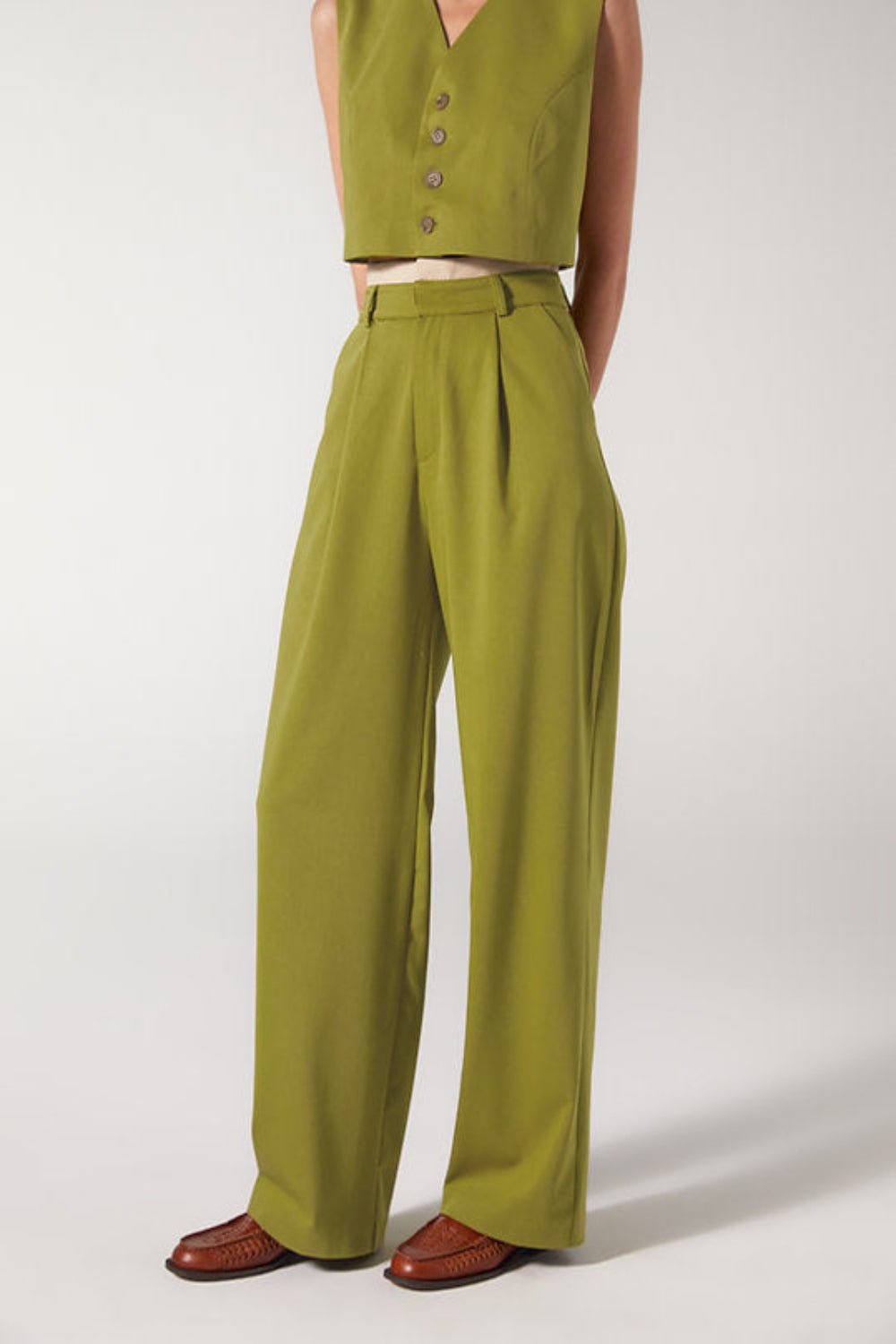 Wabi Sabi-Cle Yeşil Pileli Kemer Detaylı Yüksek Bel Pantolon-Pantolon-3-Milagron.com