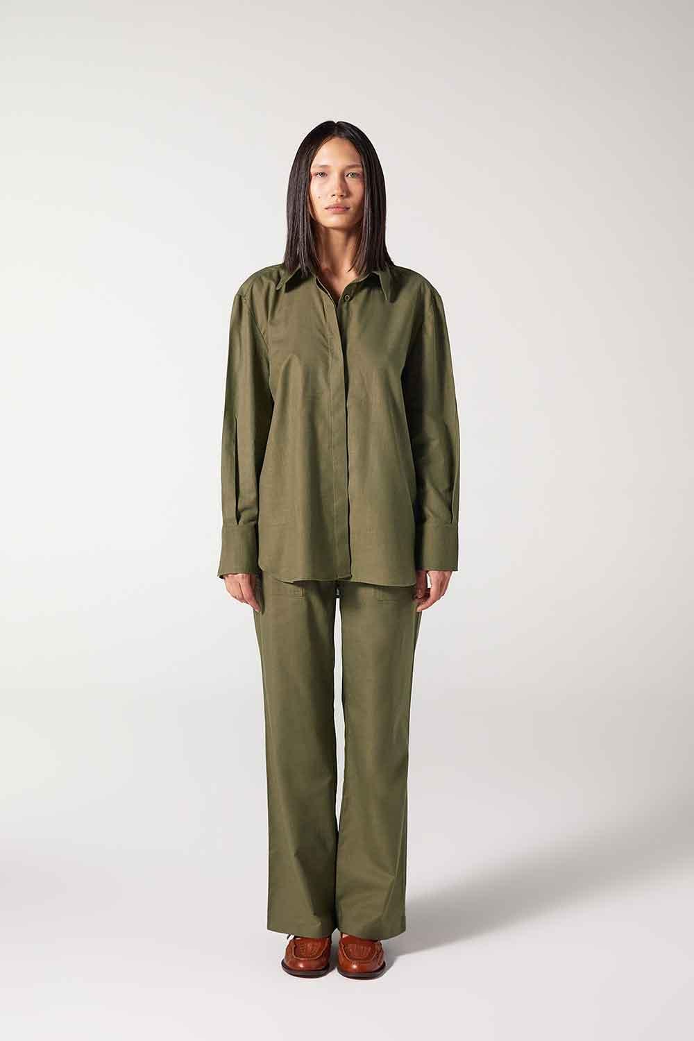 Wabi Sabi-Ws Yeşil Oversize Keten Gömlek-Gömlek-1-Milagron.com