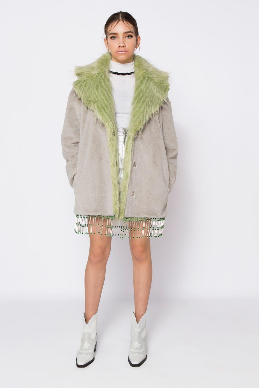 Wayt-Texas Boncuklu ve Nakışlı Gri Suni Kürk Kaban-Kaban-3-Milagron.com