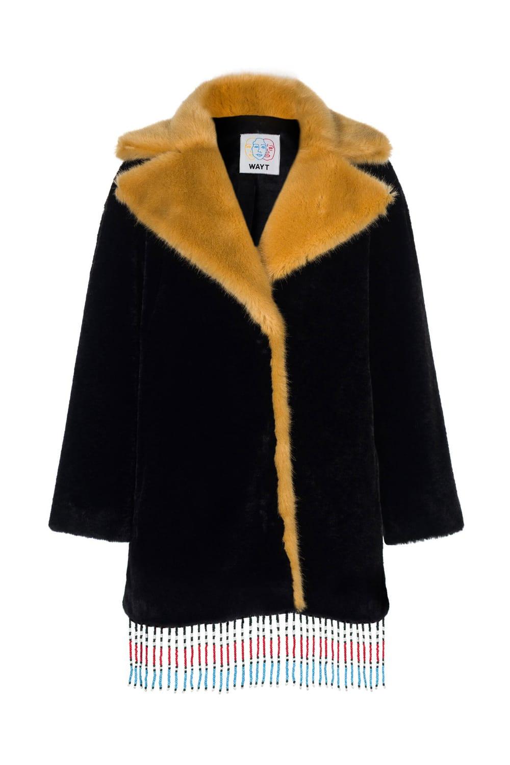 Wayt-Texas Boncuklu ve Nakışlı Siyah Suni Kürk Kaban-Kaban-1-Milagron.com