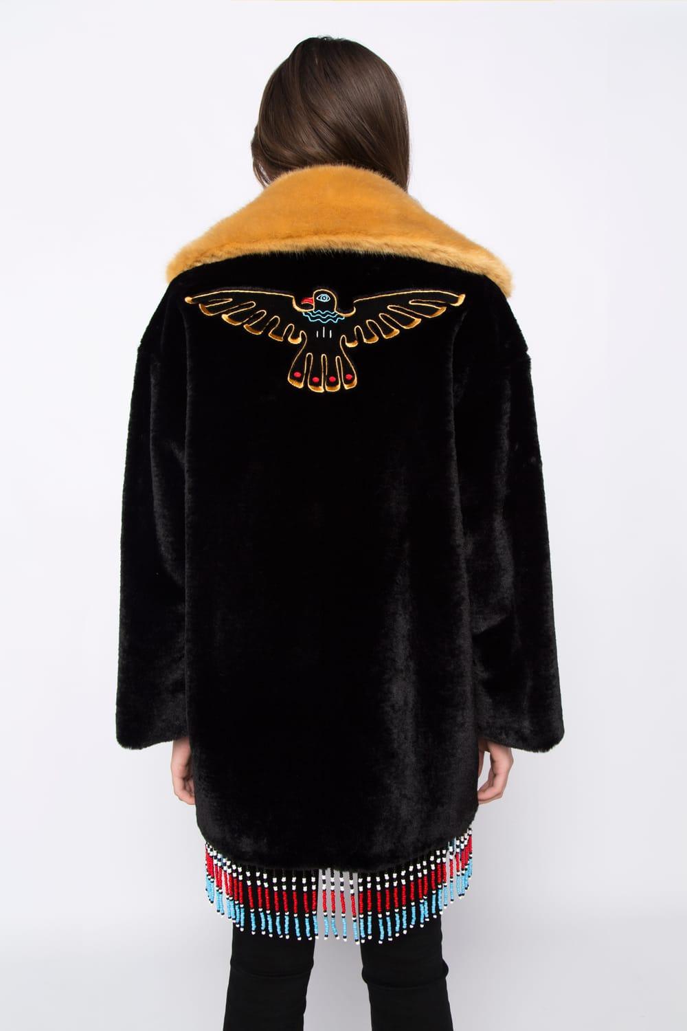 Wayt-Texas Boncuklu ve Nakışlı Siyah Suni Kürk Kaban-Kaban-5-Milagron.com