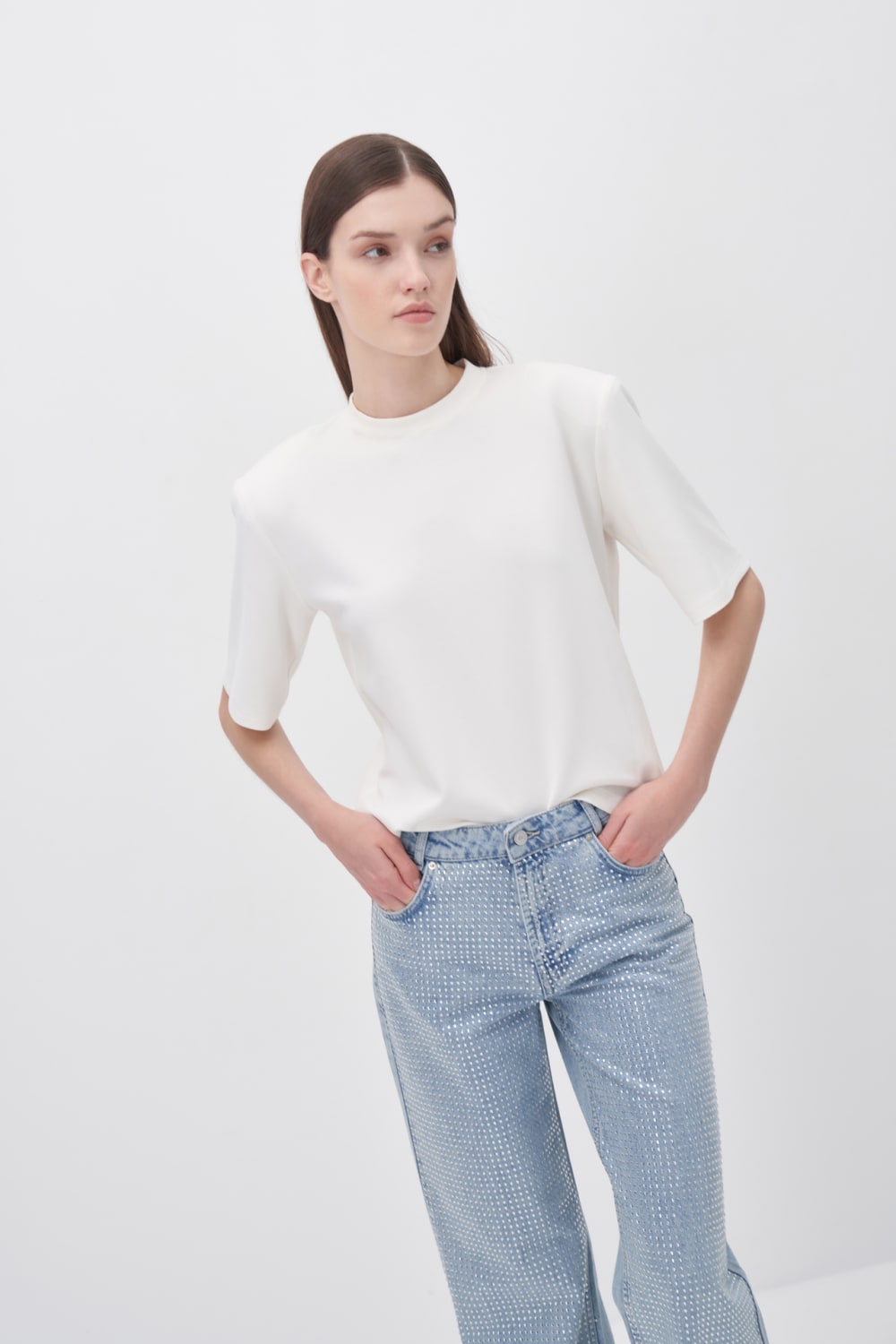 Wingcott-Ekru Vatkalı Yarım Kollu Tişört-T-Shirts-1-Milagron.com