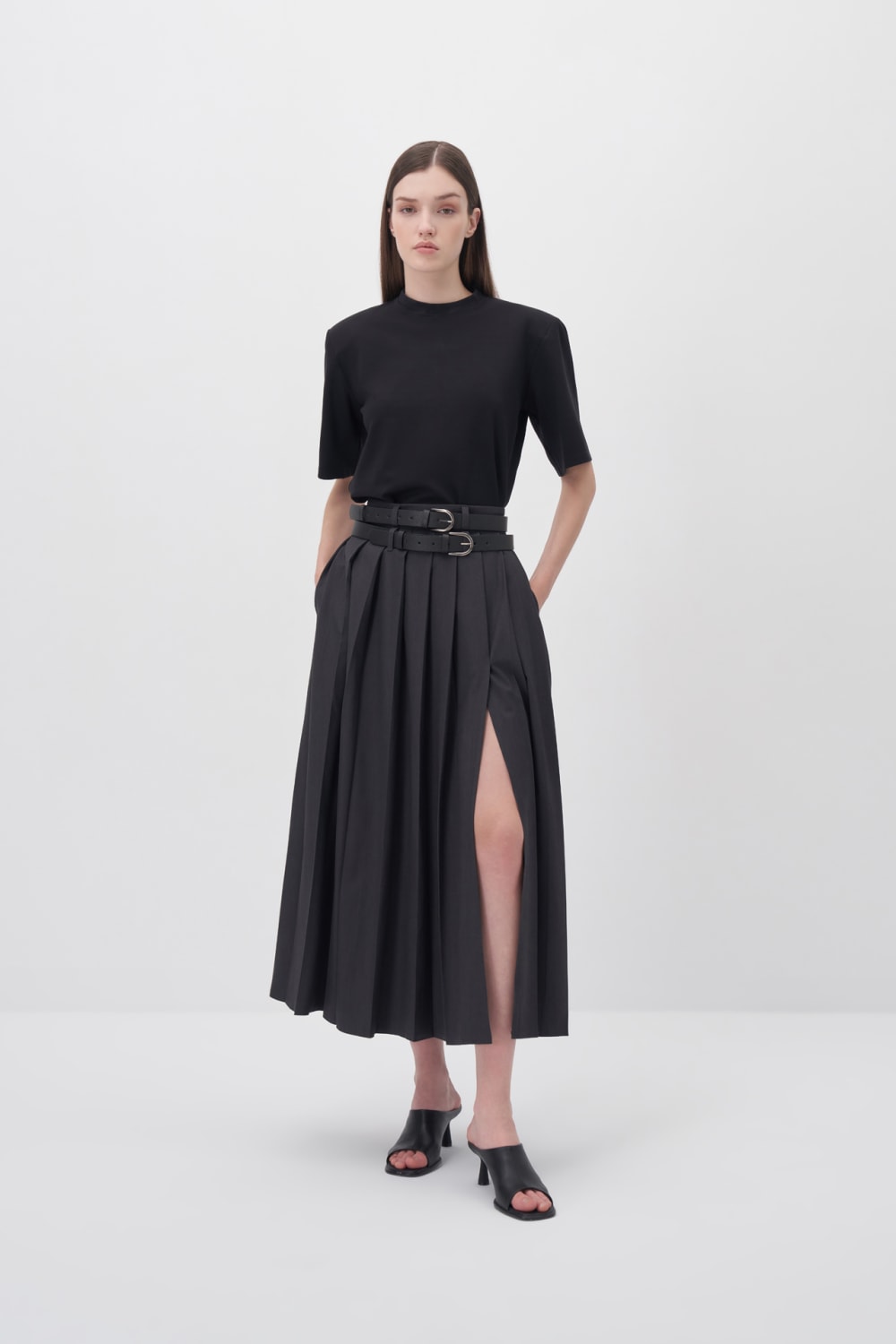 Wingcott-Pileli Yırtmaç Ve Cep Detaylı Uzun Etek-Etek-2-Milagron.com