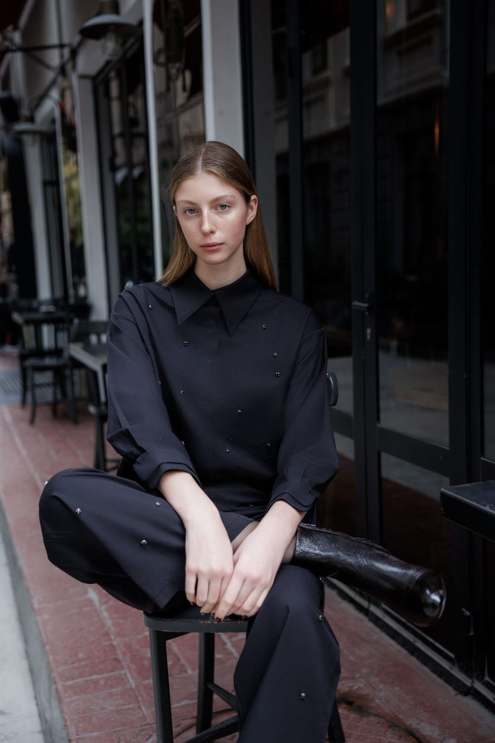 Wingcott-Taş İşlemeli Düz Kesim Siyah Rahat Pantolon-Pantolon-2-Milagron.com