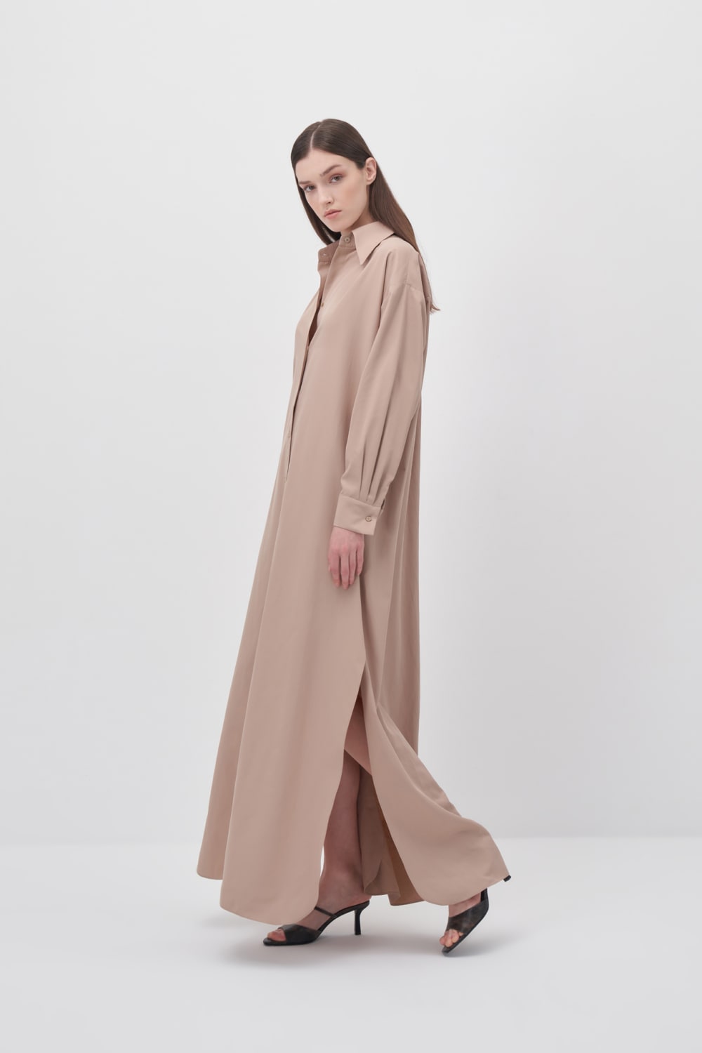 Wingcott-Yırtmaç Ve Düğme Detaylı Maxi Gömlek Elbise-Elbise-4-Milagron.com