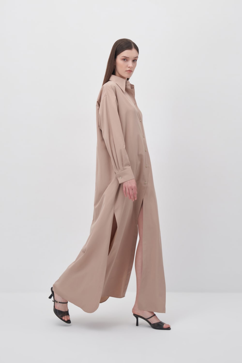 Wingcott-Yırtmaç Ve Düğme Detaylı Maxi Gömlek Elbise-Elbise-5-Milagron.com