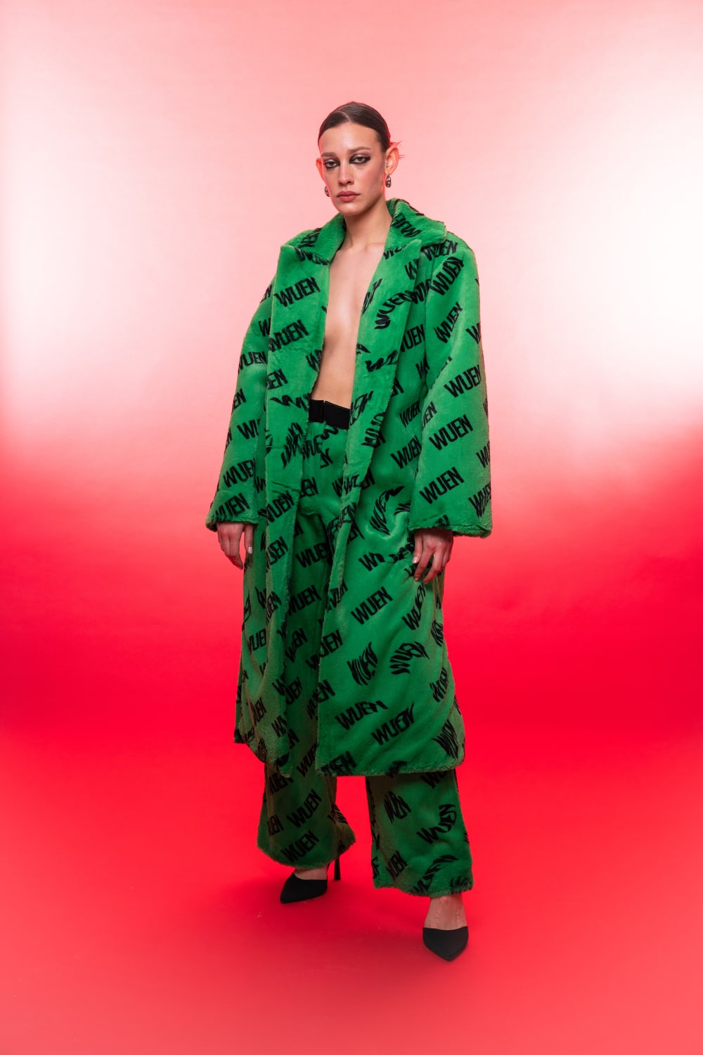 Wuen İstanbul-Wuen Green Long Fur Coat-Kaban-1-Milagron.com