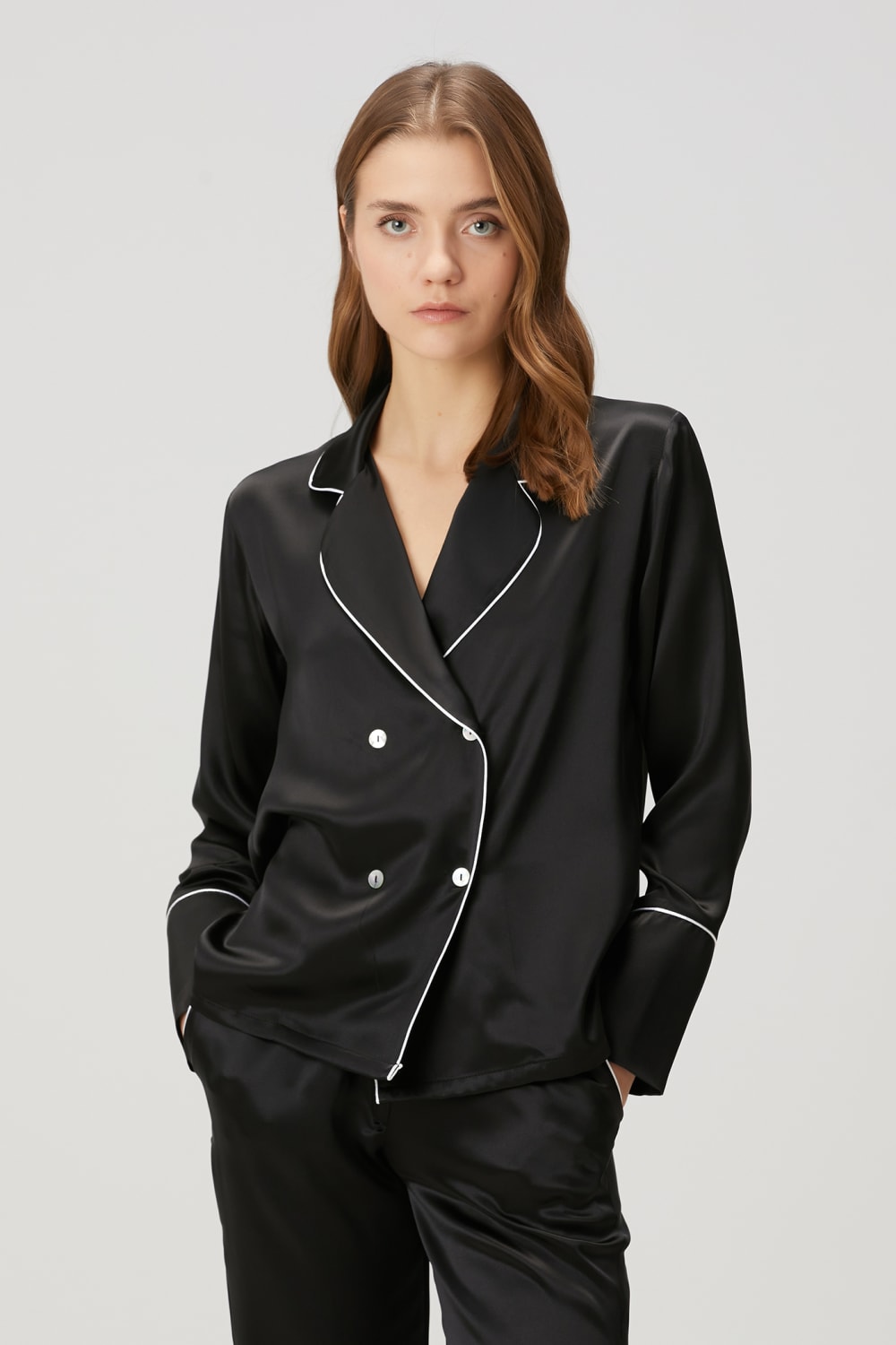 Zau-%100 İpek Biyeli Siyah Pijama Takımı-Pijama Takımı-1-Milagron.com