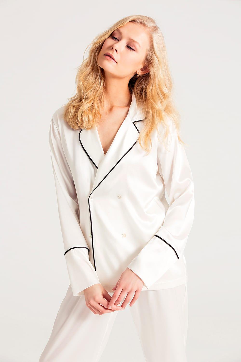 Zau-%100 İpek Pijama Takımı Kırık Beyaz-Pijama Takımı-3-Milagron.com