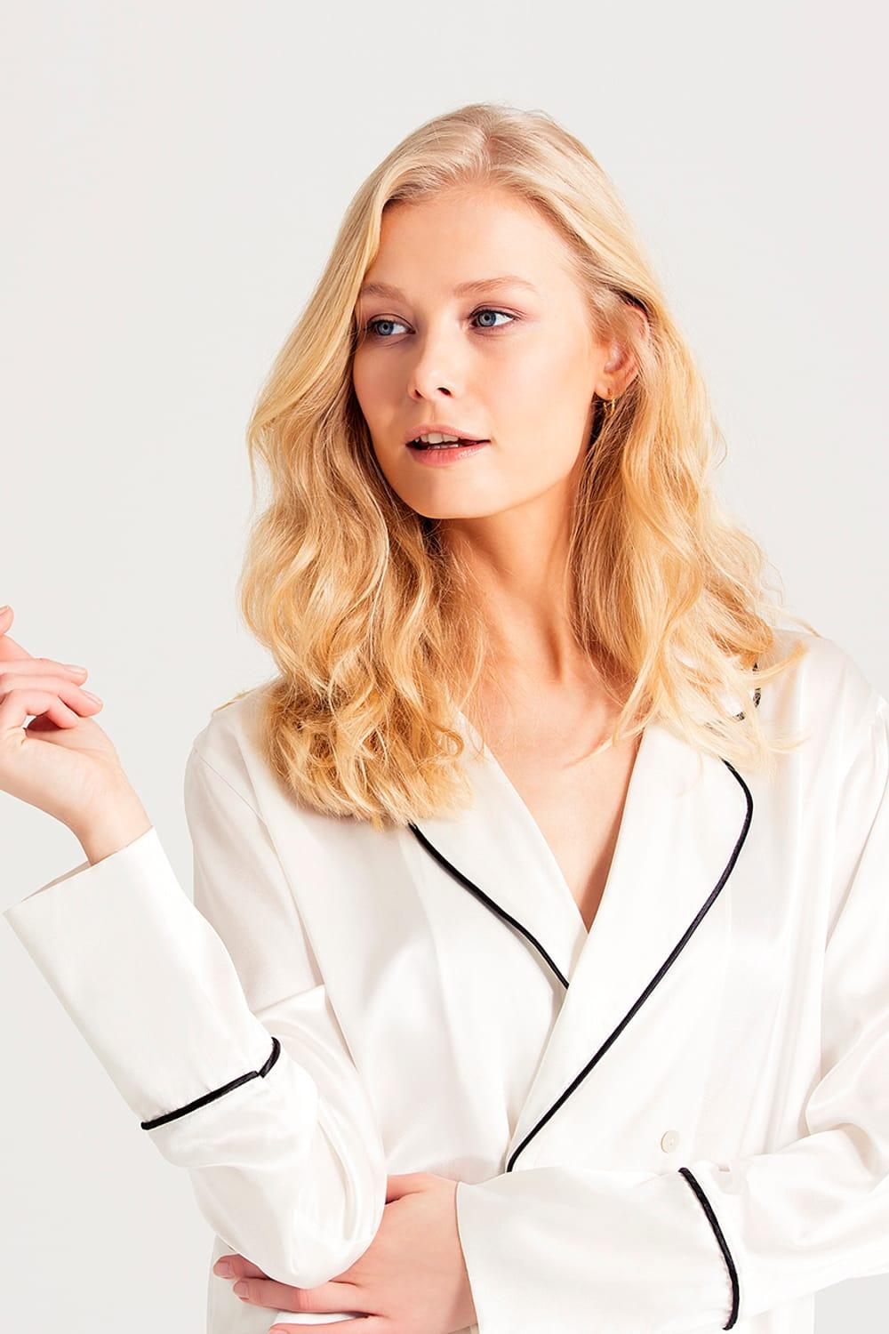 Zau-%100 İpek Pijama Takımı Kırık Beyaz-Pijama Takımı-4-Milagron.com